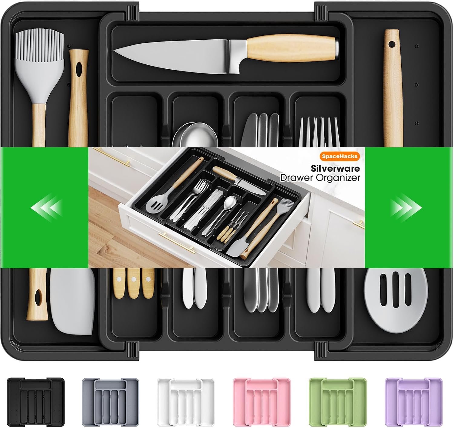 SpaceHacks Silverware Organizer，Adjustable & Expandable Drawer Organizer | Utensil Drawer Organizer, BPA Free Utensil Holder, Cutlery Tray for Forks, Spoons, Knives in Kitchen, Medium, Black