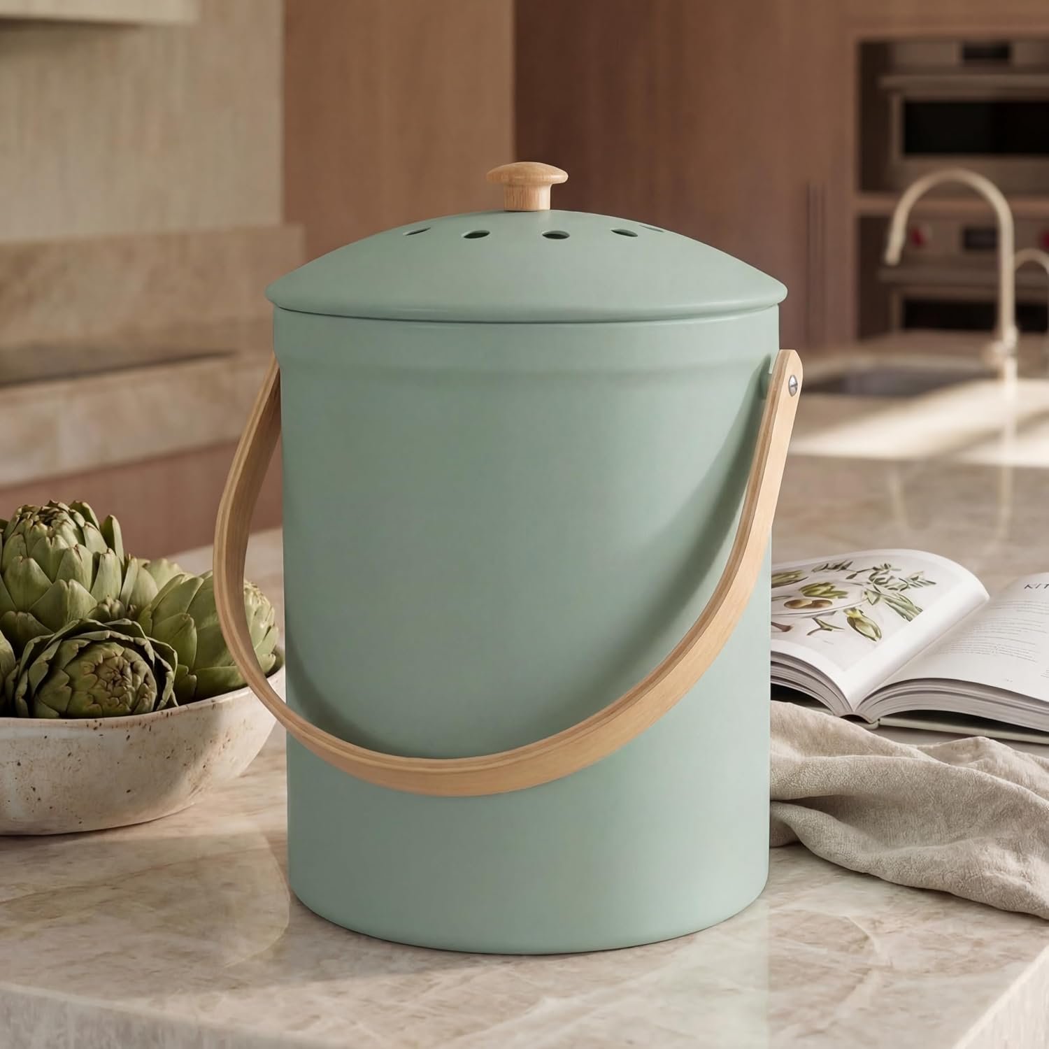 Beautiful Kitchen Compost Bin with Smell Proof Lid – Rust Proof and Odorless Compost Bucket for Your Countertop with No Smell Filters – Easy to Clean 1.1 Gallon Bin Looks Great On Any Kitchen Counter