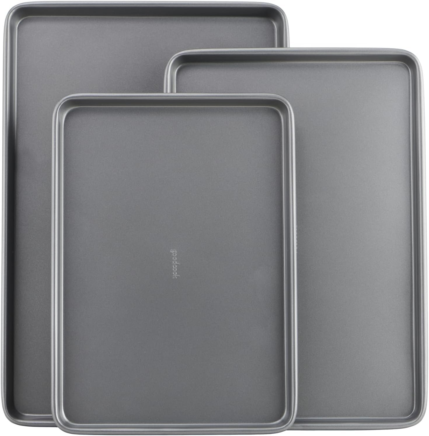 GoodCook Everyday Nonstick Baking Sheet Set, 3 Pack Includes Small (13×9) Medium (15×1) and Large (17×11) Pans Carbon Steel Construction Cookie Sheets Bakeware Set, Gray