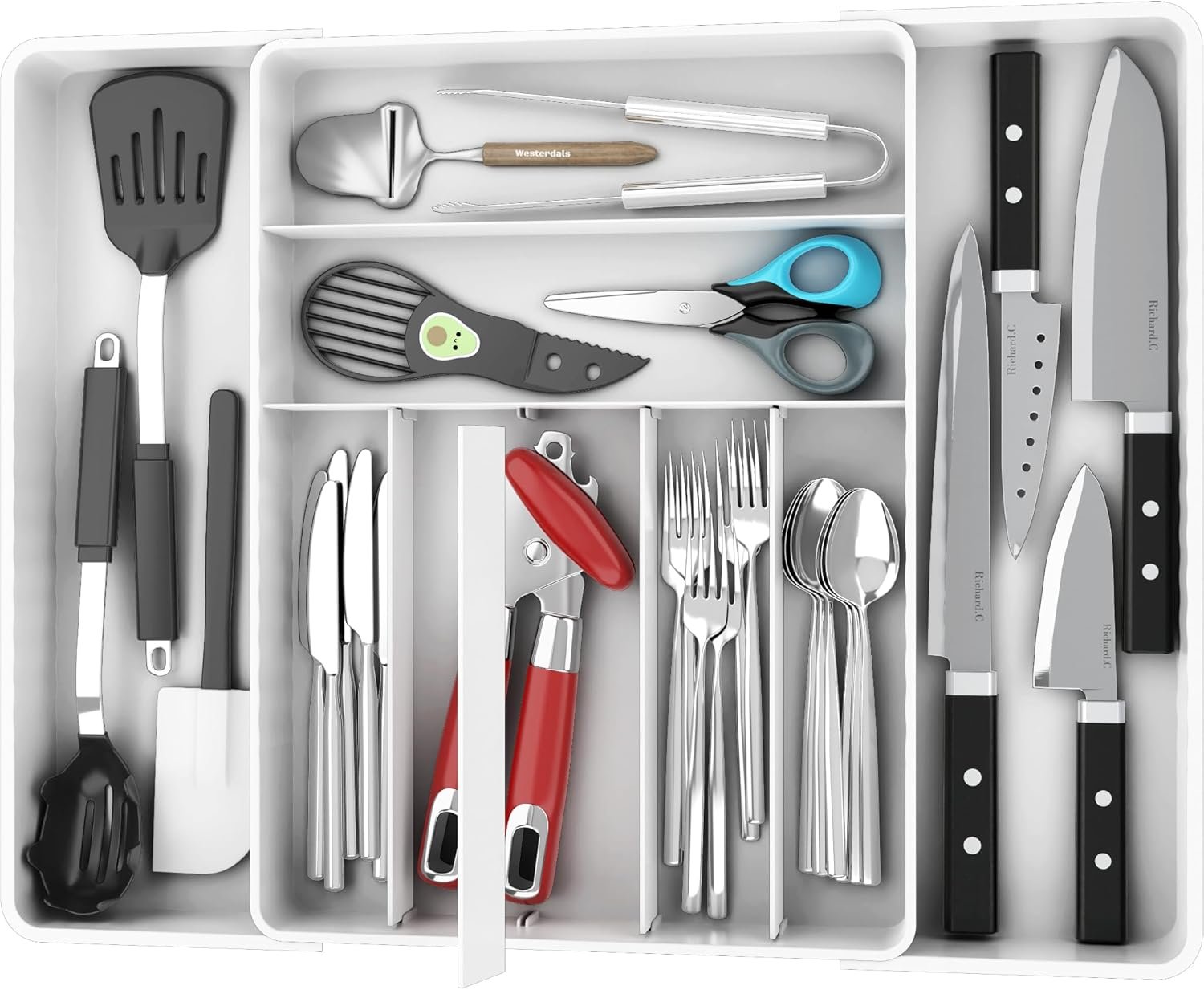 Simple Houseware Expandable Kitchen Drawer Flatware Organizer, White | Expandable & Adjustable Cutlery Drawer Organizer – Large Utensil and Flatware Tray for Kitchen Drawers