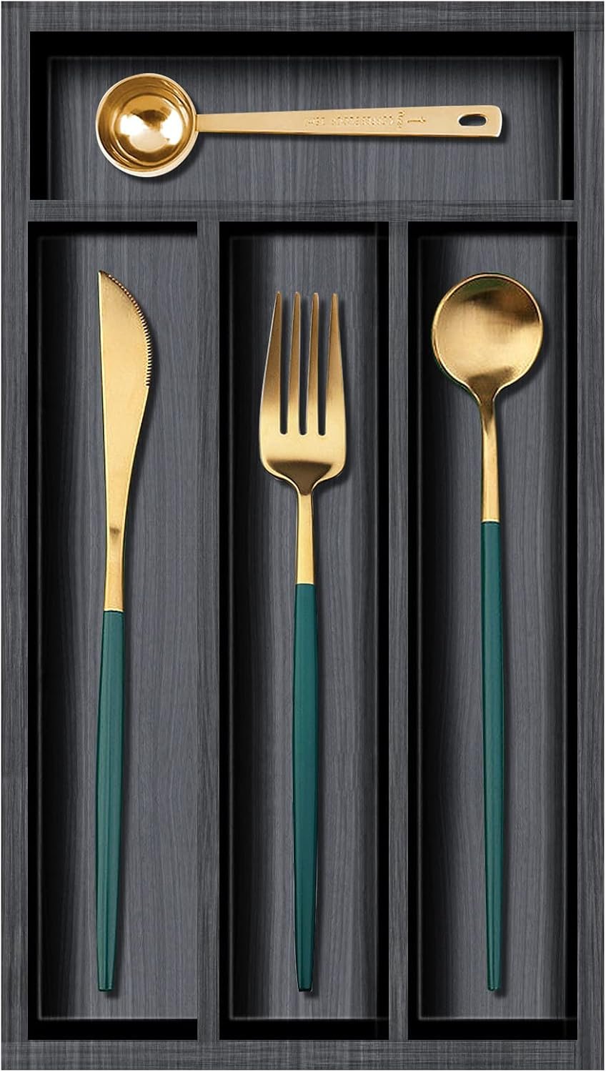 Black Small Kitchen Silverware Drawer Organizer Wooden Cutlery Utensil Tray | 12″x6.7″ Bamboo Narrow Flatware Organizer Utensil Holder for Drawer Divider Wood Silverware Tray Spoon Organizer Storage
