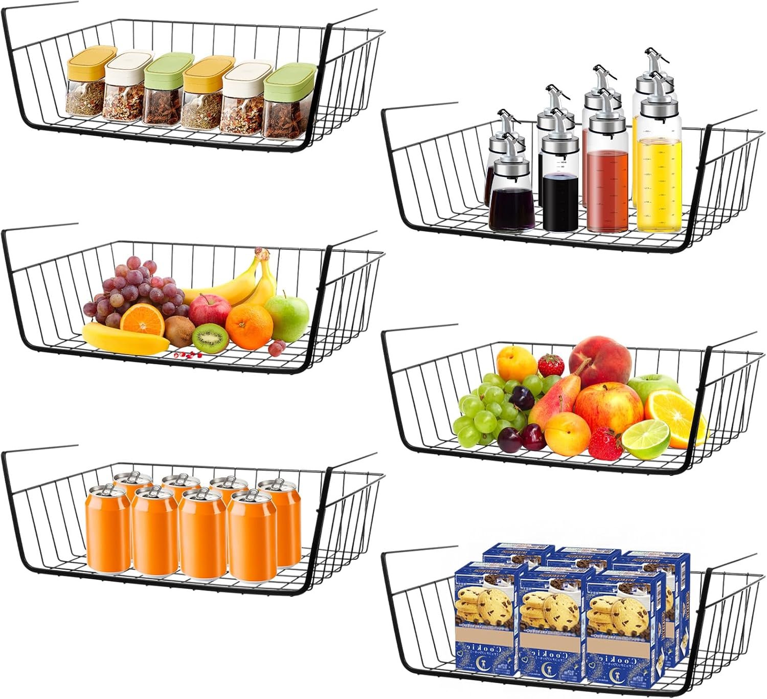 6 Pcs Undershelf Storage Basket Under Shelf Wire Basket Household Metal Under Shelf Hanging Storage Bin Basket Slides Under Shelves for Kitchen Pantry Bookshelf – 14.2″ D x 9.1″ W x 5.5″ H, Black