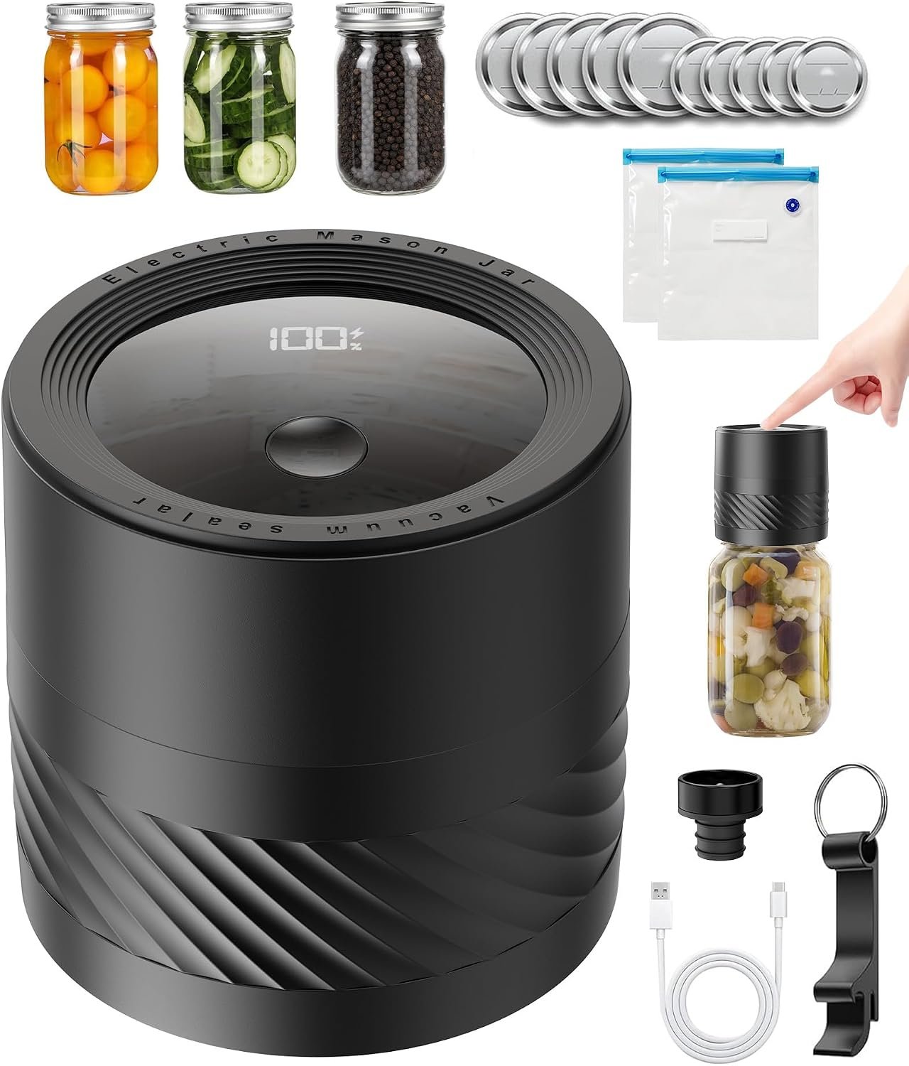 Electric Mason Jar Vacuum Sealer Kit with Auto-Stop, 1200mAh Cordless Jar Vacuum Sealer for Wide & Regular Mouth Mason Jars, Portable Automatic Vacuum Sealer with 10 Lids & 2 Vacuum Bags