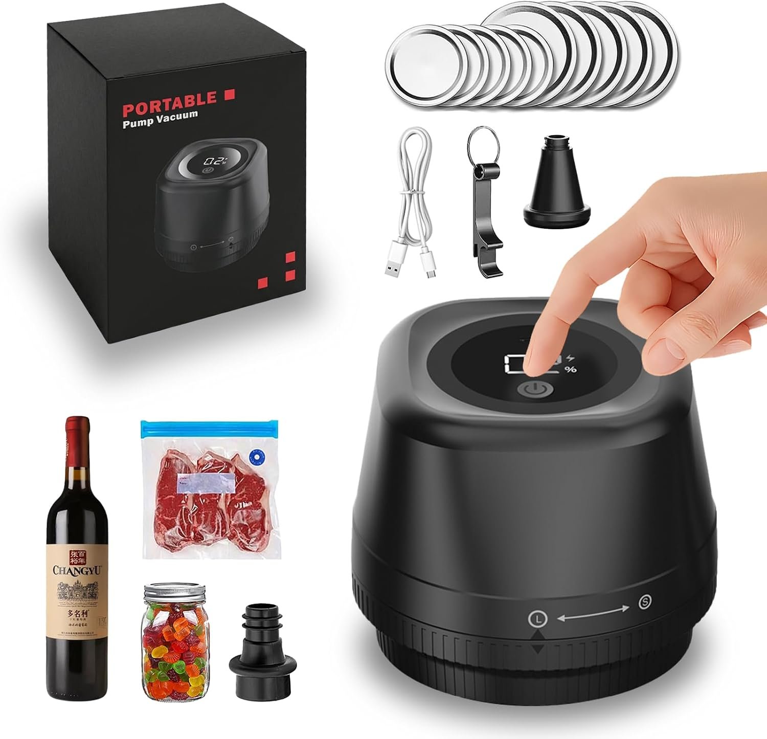 Mason Jar Vacuum Sealer Kit, Compact Electric Sealer for Jars & Bags, Black | Complete Set, Powerful Suction, Long-Lasting Freshness, Suitable for Mason Jars and Vacuum Bags