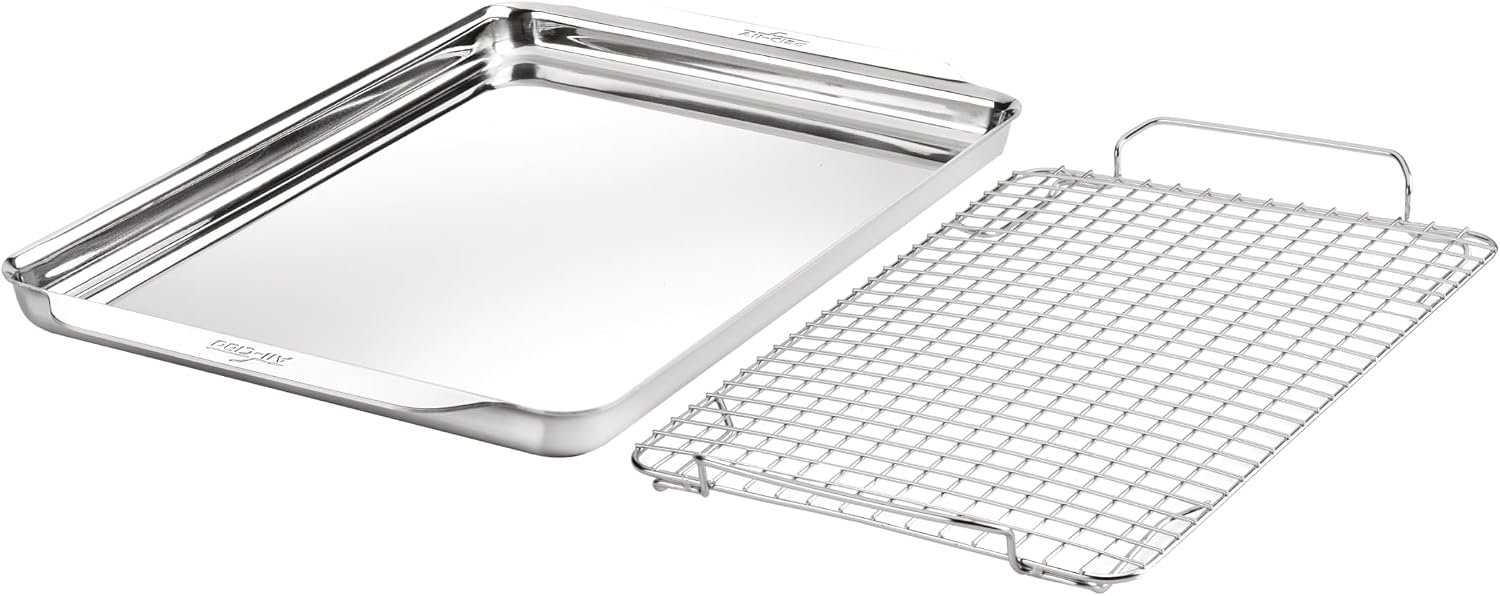 All-Clad Stainless Steel Half-Sheet Baking Pan 13″ x 21″ with Cooling Rack – Tri-ply Bonded for Consistent Baking- (Roast, Bake Cookies, Brownies and More) Professional Stainless Steel Bakeware