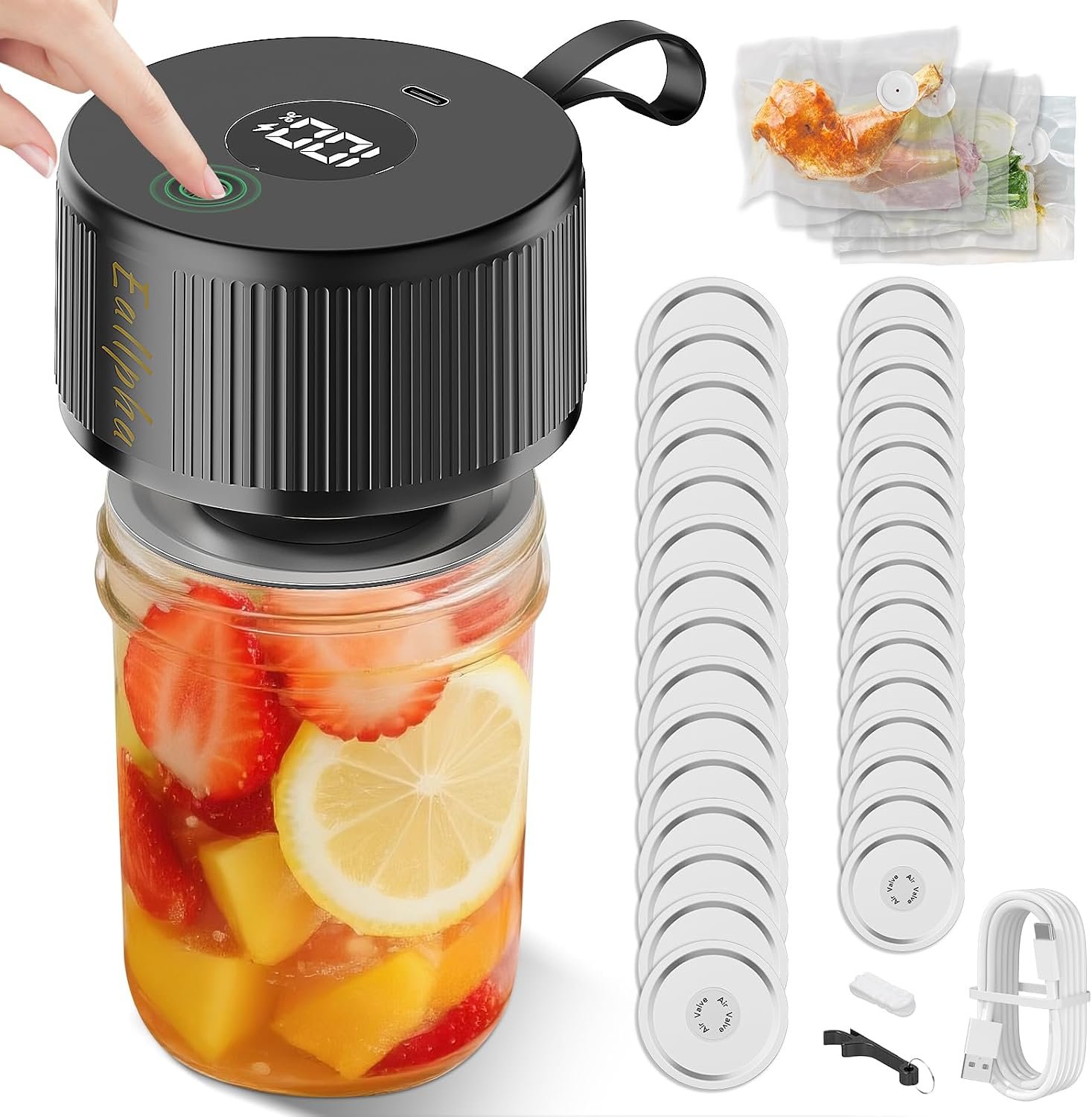 Electric Mason Jar Vacuum Sealer Kit, Automatic Jar Vacuum Sealer for Wide & Regular Mouth Mason Jars, Portable Mason Jar Sealer for Coffee Beans, Food Storage, Meal Prep Includes 30 pcs Lids