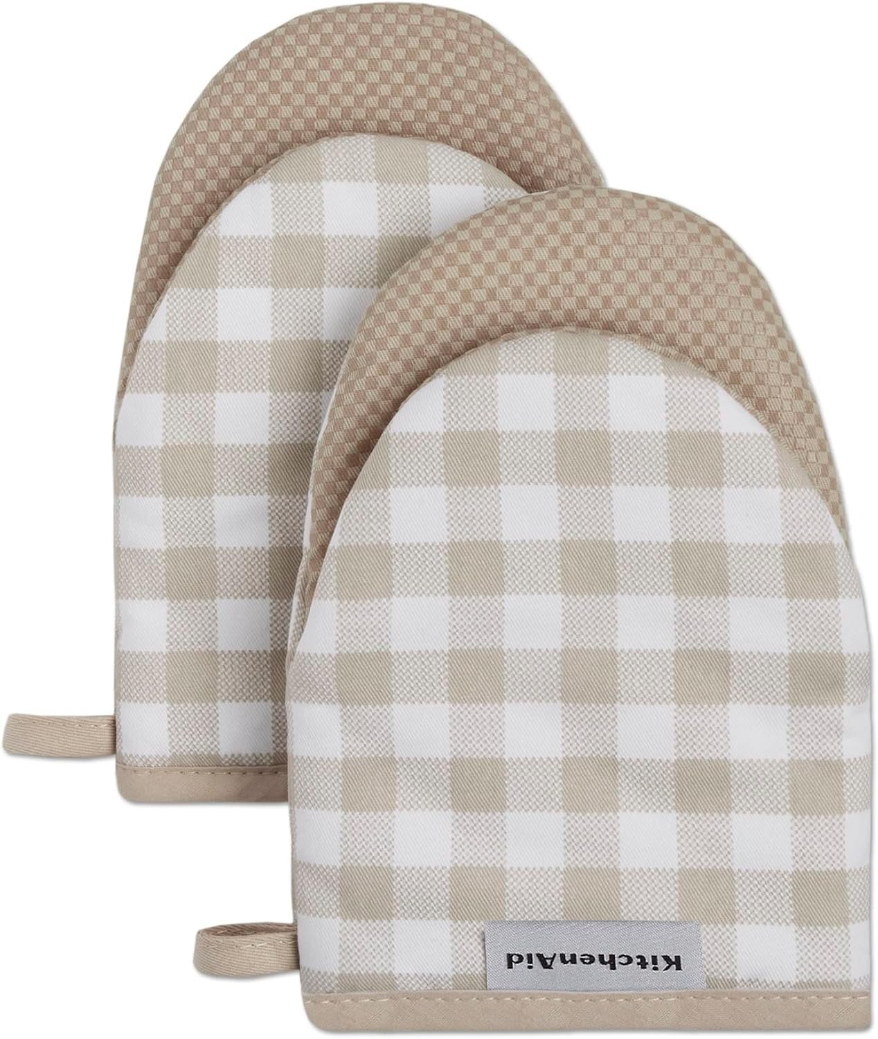 KitchenAid Gingham Mini Oven Mitt 2-Pack Set, Milkshake Tan, 5.5″x8″