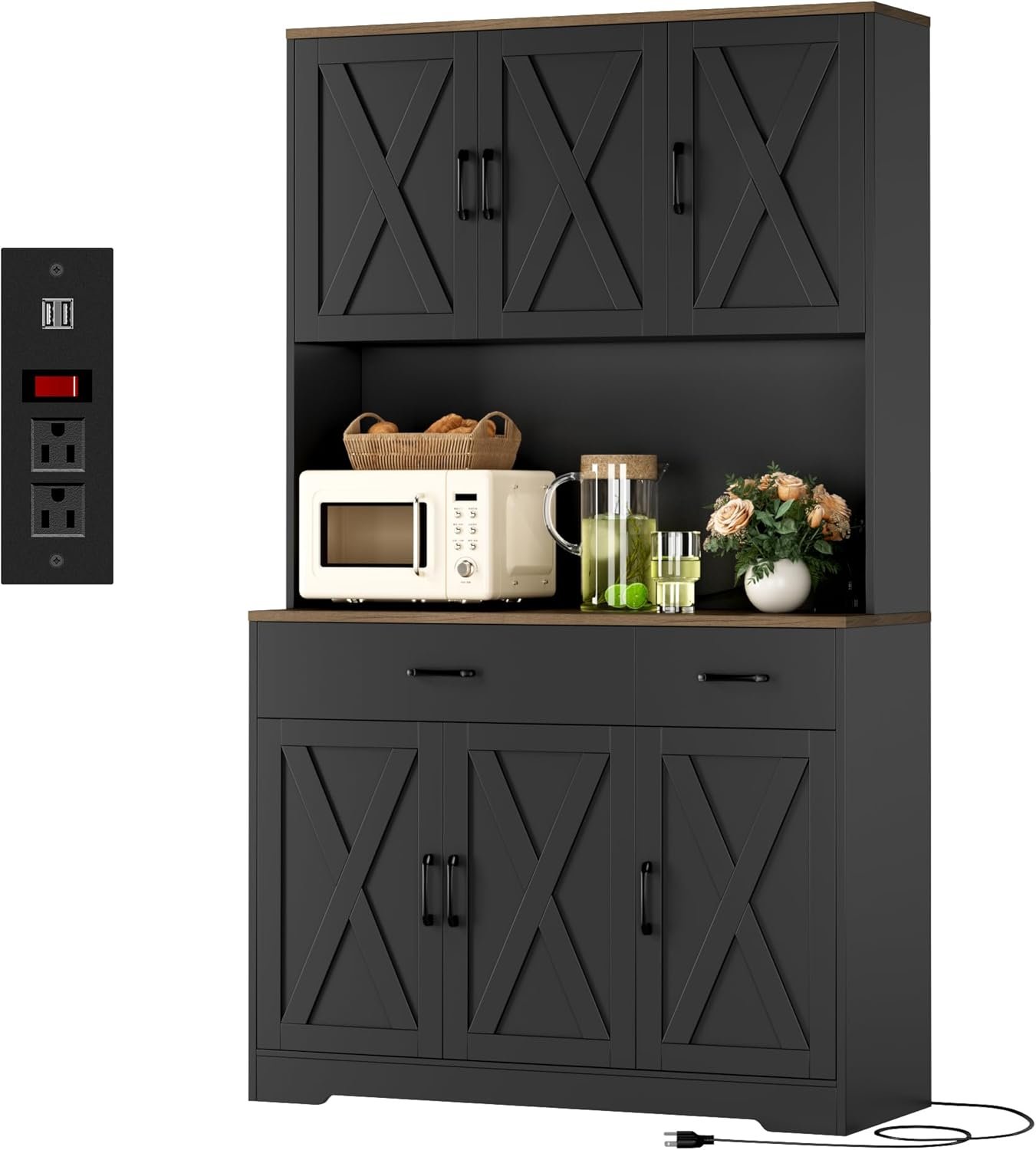 HOSTACK 71″H Kitchen Pantry Storage Cabinet, Farmhouse Hutch Cabinet, Black