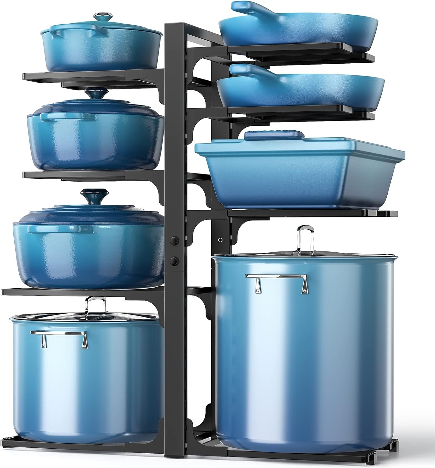 Pots and Pans Organizer Under Cabinet 20.8″, 8-Tier Adjustable Black | 2 DIY Modes, Tool-Free Assembly, Max 120 Lbs, Fits Large Stockpots, Cast Iron Pans & Heavy Cookware, For Kitchen Cabinets