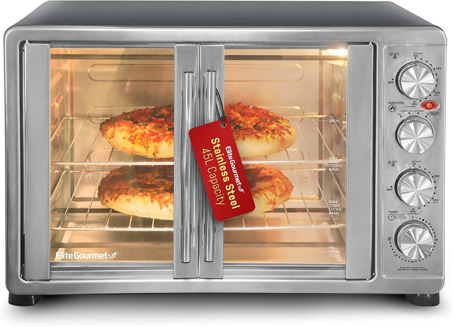 Elite Gourmet ETO4510MX French Door Convection Oven 47.5Qt, Stainless Steel | 18-Slice capacity, 4-Control Knobs for Bake/Broil/Toast/Rotisserie/Keep Warm, includes 2 x 14″ Pizza Racks