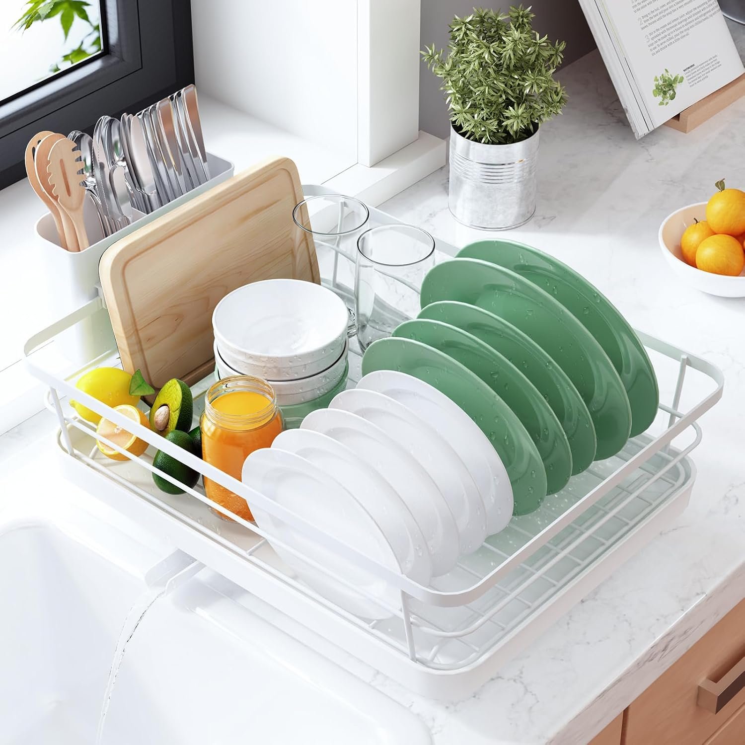 Kitsure Dish Drying Rack for Kitchen Counter, 12”W x 15.5”L, White | Stainless Steel Sink Organization, Cutlery Holder, Home and Appartment Decor