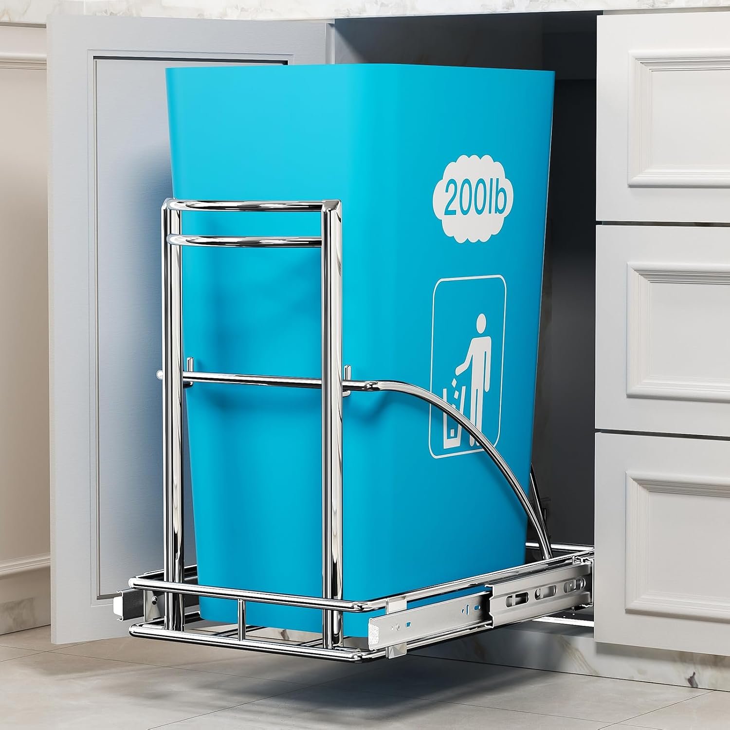 Under Sink Trash Can Pull Out, Fits 7-13 Gal/50 Qt Bins | Under-counter Kitchen Pull-out Kit No Garbage Bin Fits Min 13″W x 17″D x 17″H Cabinets Waste Storage Organizer Silver
