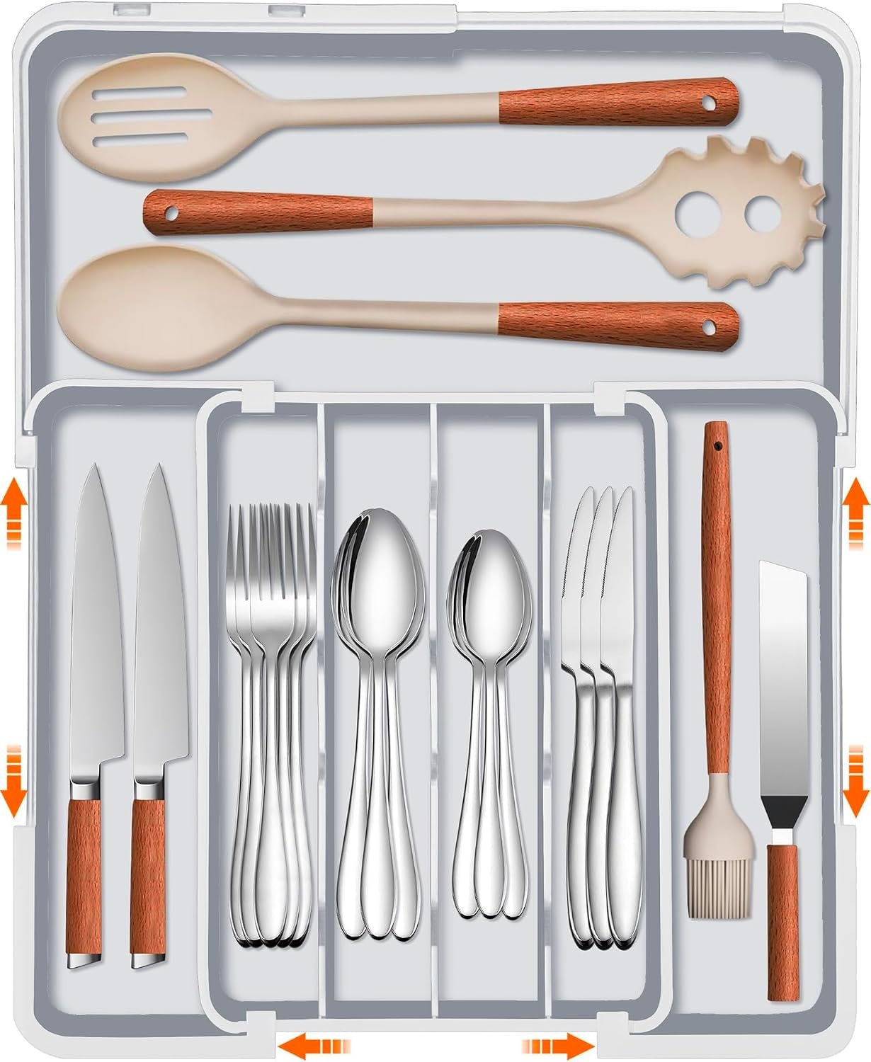 Silverware Drawer Organizer Tray, Adjustable Cutlery Storage for Kitchen, Expandable Flatware and Utensil Holder Divider for Spoons Forks Knives Tableware, 15 x 19, 4-7 Slots, Gray
