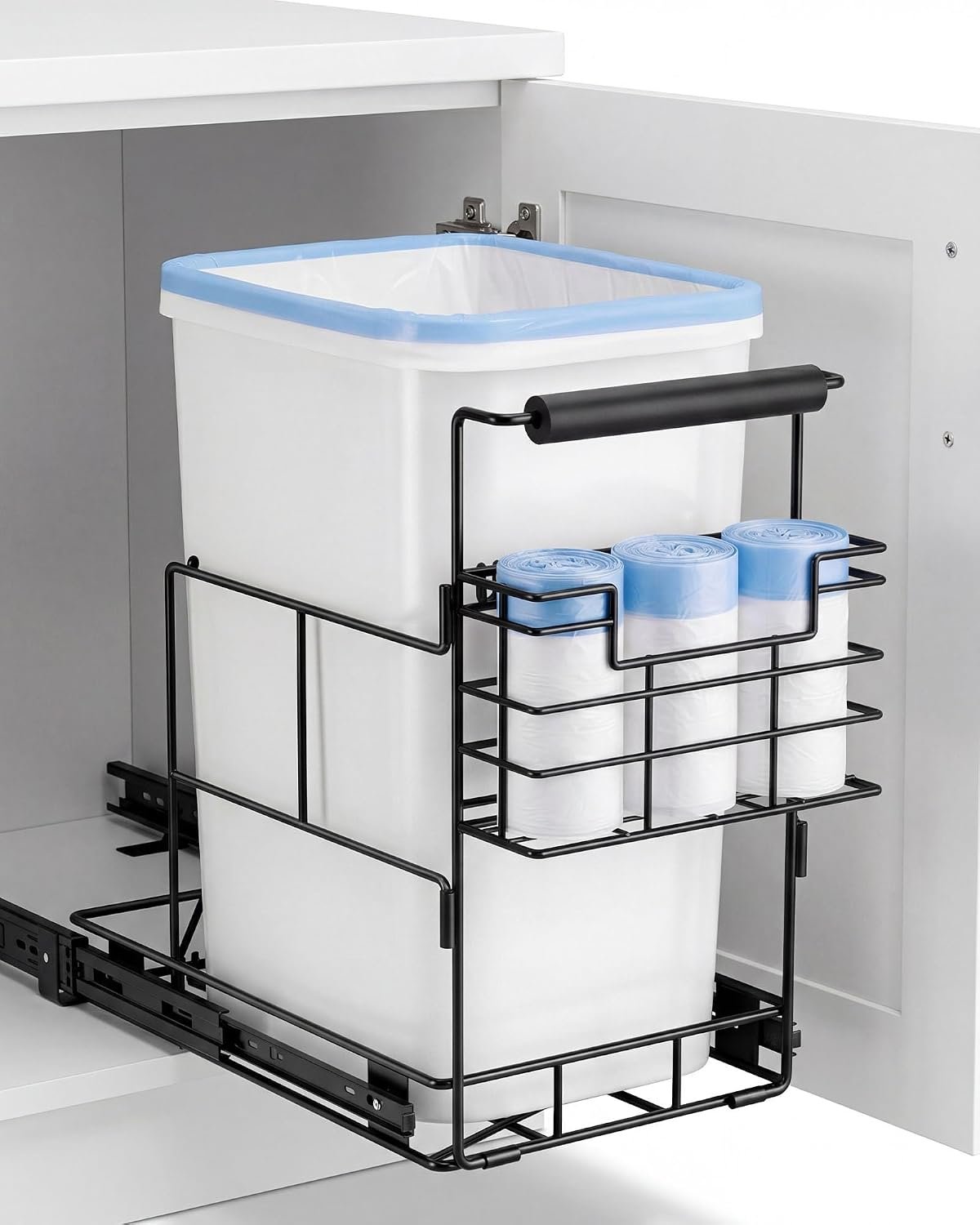 Bulado Pull Out Trash Can Under Cabinet with Removable Trash Bag Holder | Space-Saving Under Sink Trash Can Pull Out, Fits 30–40 Qt Bins, Supports 125 lbs, Soft-Close Slide, Bin Not Included