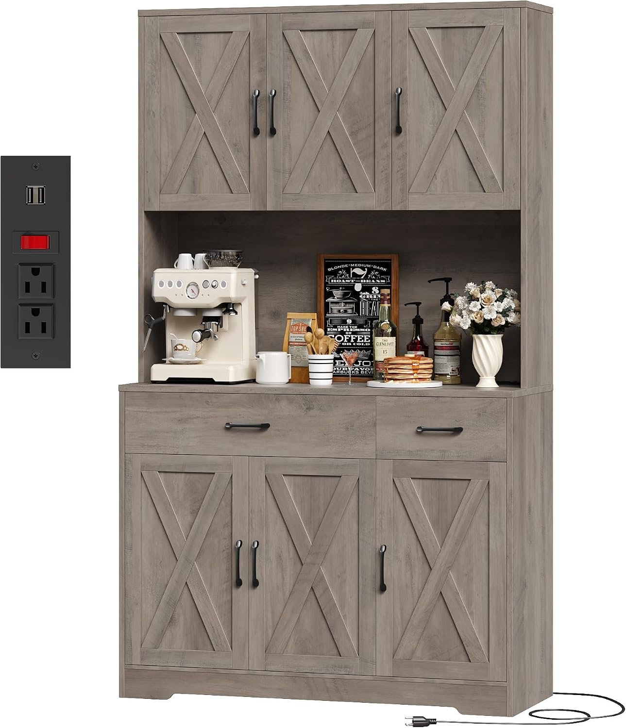 HOSTACK 71″ H Kitchen Pantry Storage Cabinet, Farmhouse Hutch Cabinet, Grey