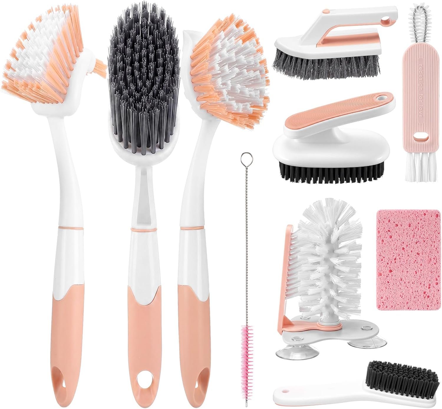 10 Pack Dish Brush Set for Household Use Kitchen Scrub Brushes with Non-Slip Long Handle Multi-Purpose Cleaning Brushes for Dishes Pot Pan Kitchen Sink Tub Cup Clothes Shoes Floor (Pink)