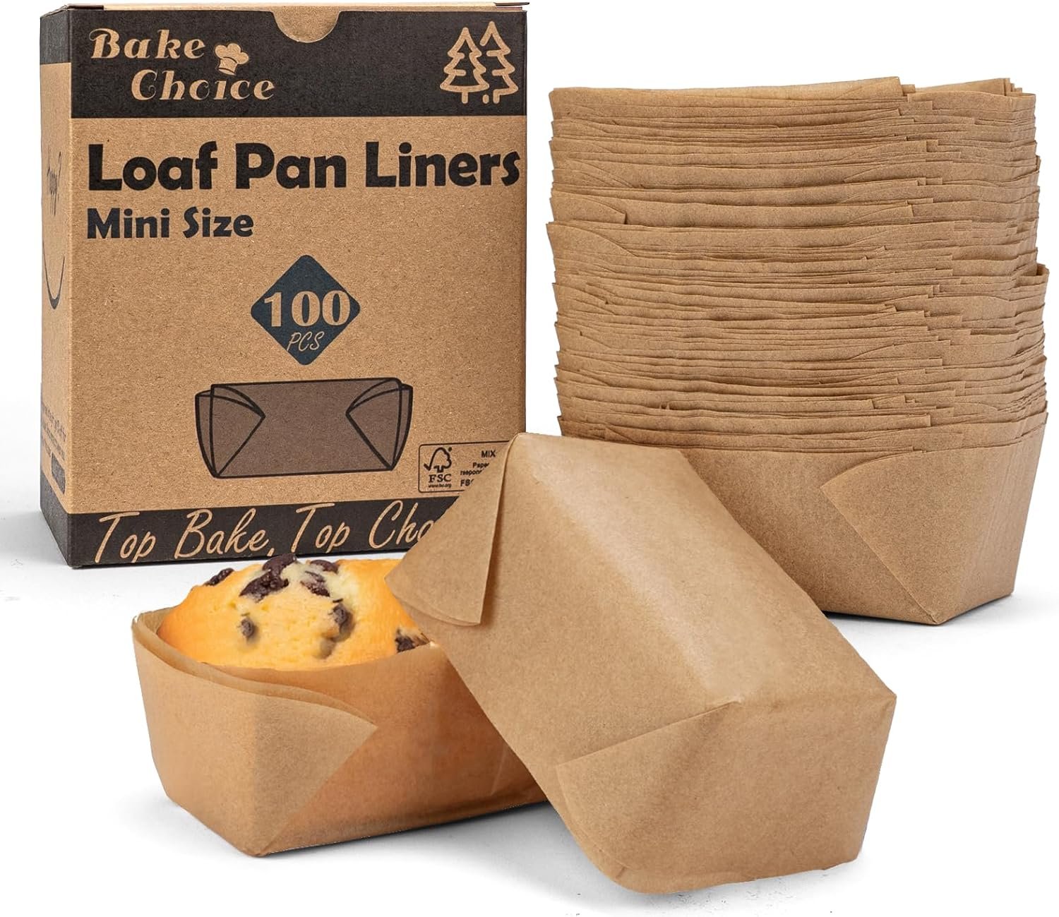 Bake Choice 100 Mini Loaf Pan Liners Compatible with Wilton Mini Loaf Pan | 3.15 * 1.97 * 1.57inch, Natural Parchment Paper Cupcake Liners, Petite Loaf Baking Cups for Cupcake, Muffin, Brownies