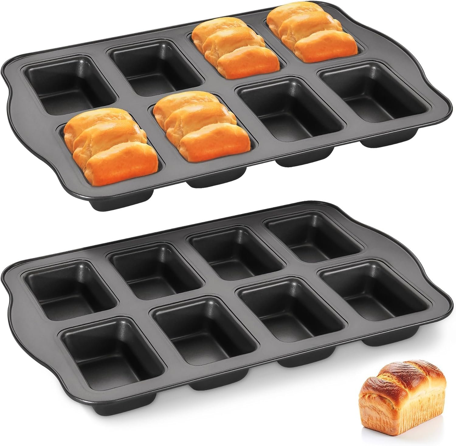 2 Pack Mini Loaf Baking Pans 8-Cavity, Nonstick Small Cornbread Pan, Tiny Banana Bread Pan Set, Heavy Duty Brownie TIn, Dark Grey