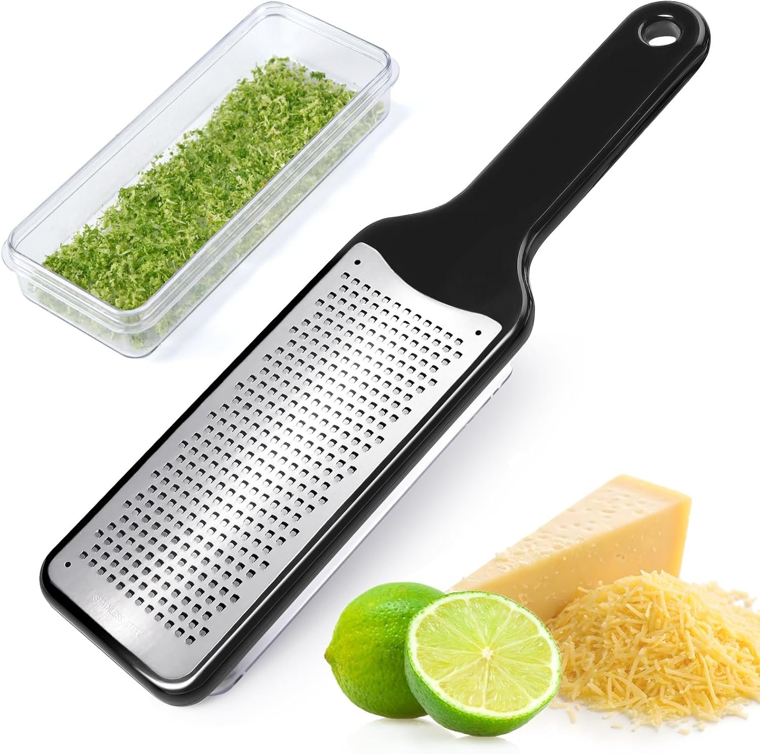Citrus Lemon Zester & Cheese Grater with Container – Zester Grater with Handle for Parmesan Cheese, Ginger, Garlic, Nutmeg, Chocolate, Fruits, with Anti-Slip Base, Dishwasher Safe