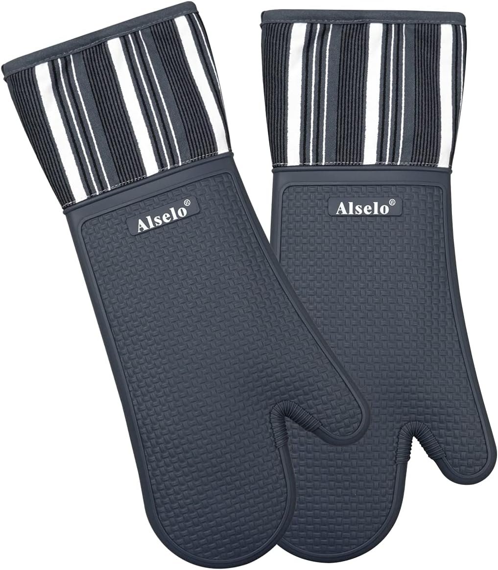 Alselo Silicone Oven Mitts Set, Heat Resistant 550 Degree,7.5″x16″ | Extra Long Kitchen Mittens,Waterproof & Non-Silp Oven gloves for Baking Cooking Barbecue Microwave (Extra Long Grey, 2)