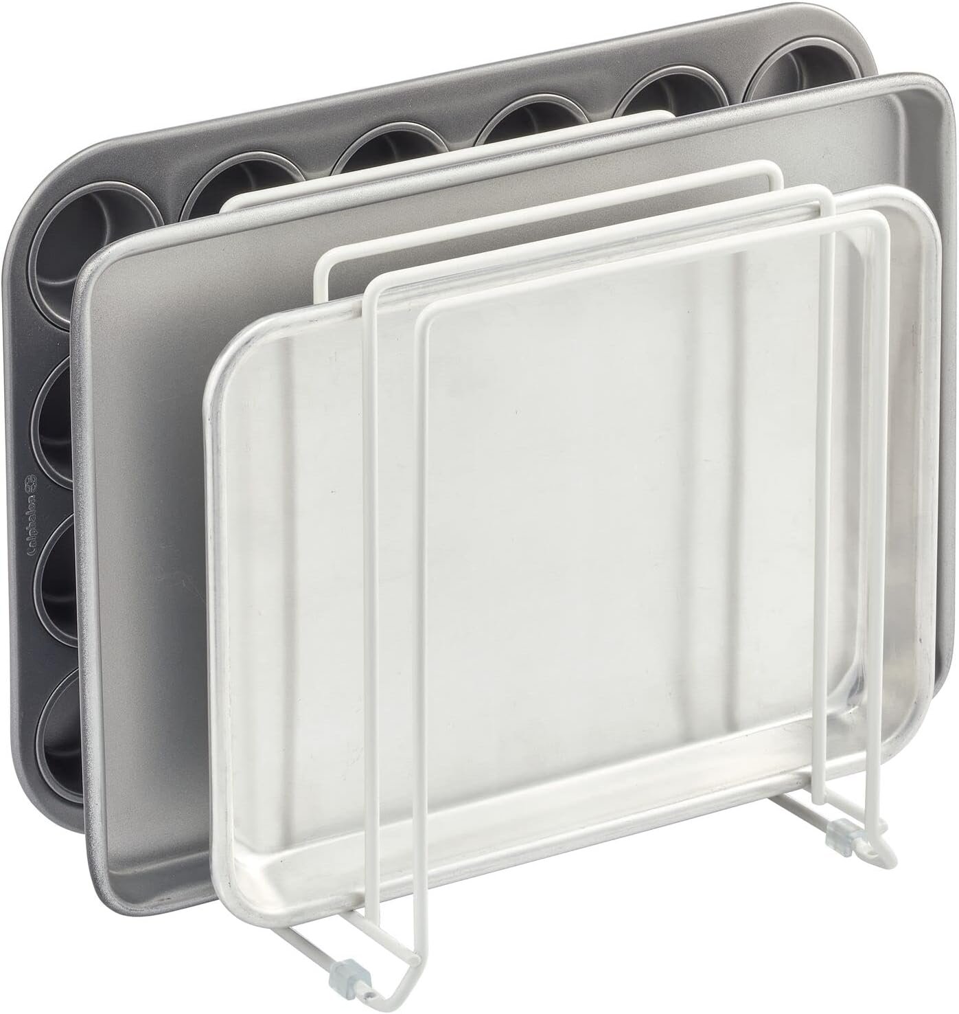 mDesign X-Large Steel Storage Tray Organizer Rack for Kitchen Cabinet – Divided Holder with 5 Slots for Skillets, Frying Pan, Pot Lids, Cutting Board, Baking Sheets – Concerto Collection – White