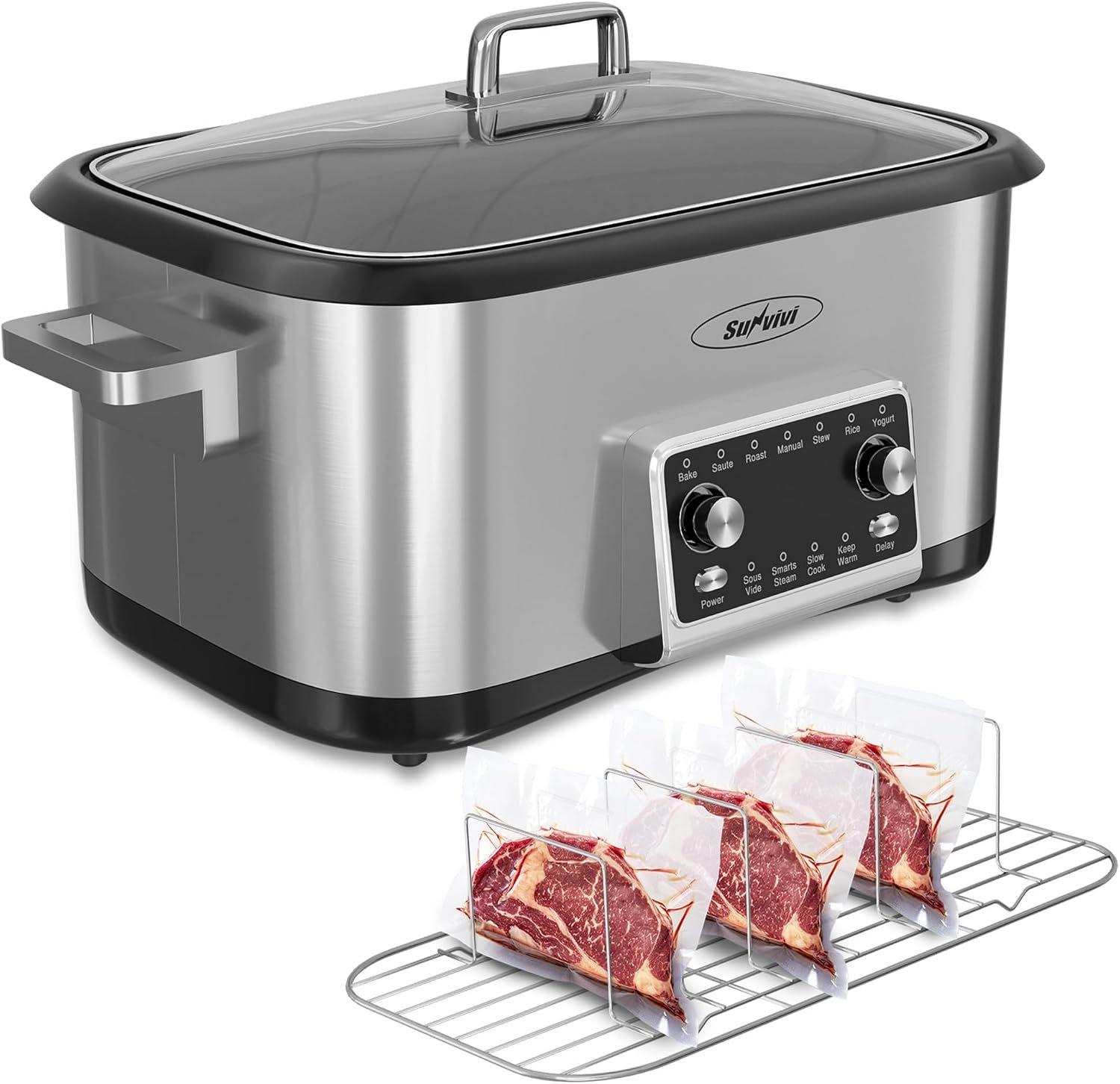 12-in-1 Programmable Slow Cooker, 8 Quart Digital Multi-Cooker Food Warmer with Timer, Temp Control & Auto Shut Off, Removable Non-Stick Pot, Dishwasher-Safe Glass Lid, Stainless Steel