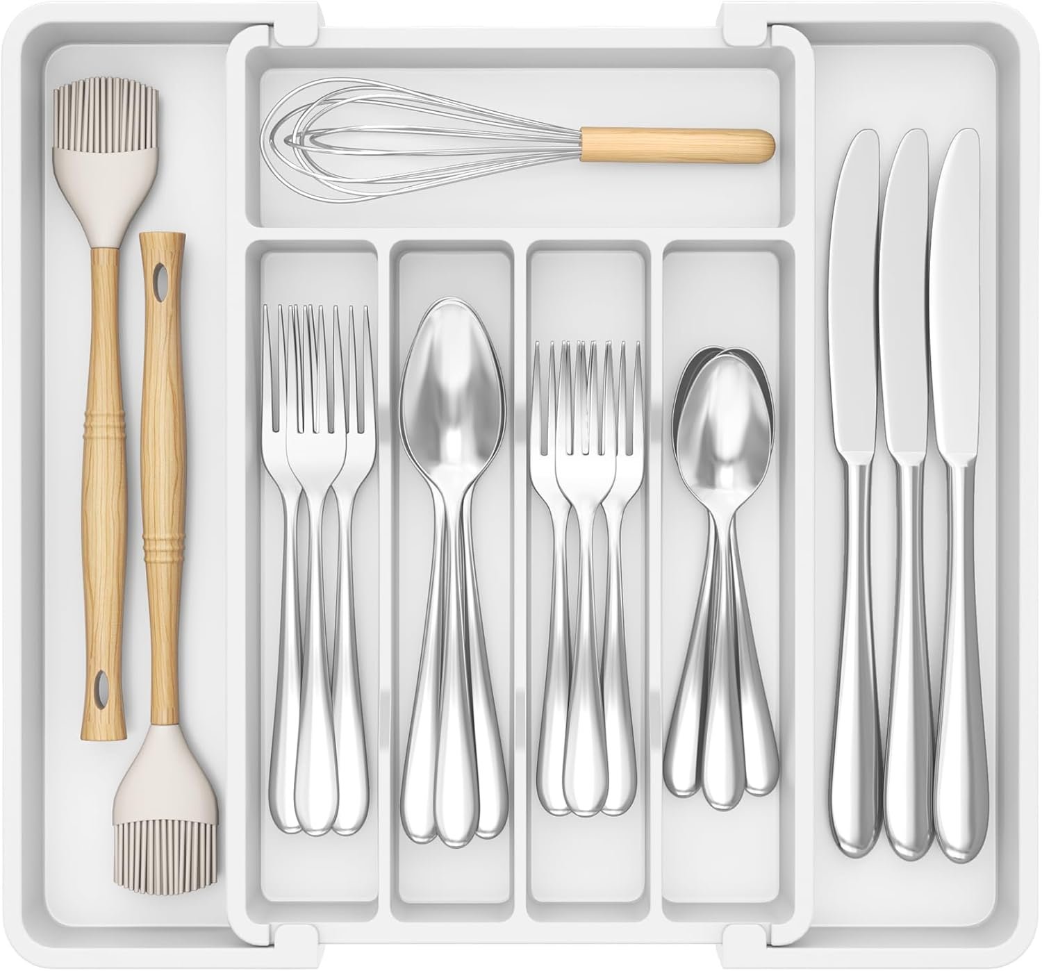 Lifewit Silverware Drawer Organizer, Expandable Utensil Tray for Kitchen, BPA Free Flatware and Cutlery Holder, Adjustable Plastic Storage for Spoons Forks Knives, 8.5-14 x 12″, White