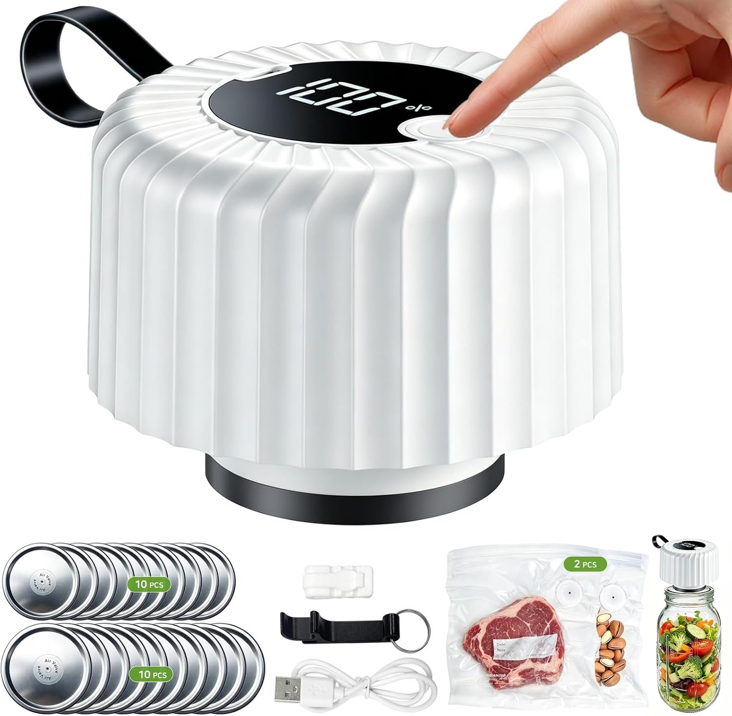 Electric Mason Jar Vacuum Sealer Kit – Portable One-Touch Automatic | Preserves Food in Wide & Regular Mouth Containers, Includes 20 Lids, 2 Bags, Opener
