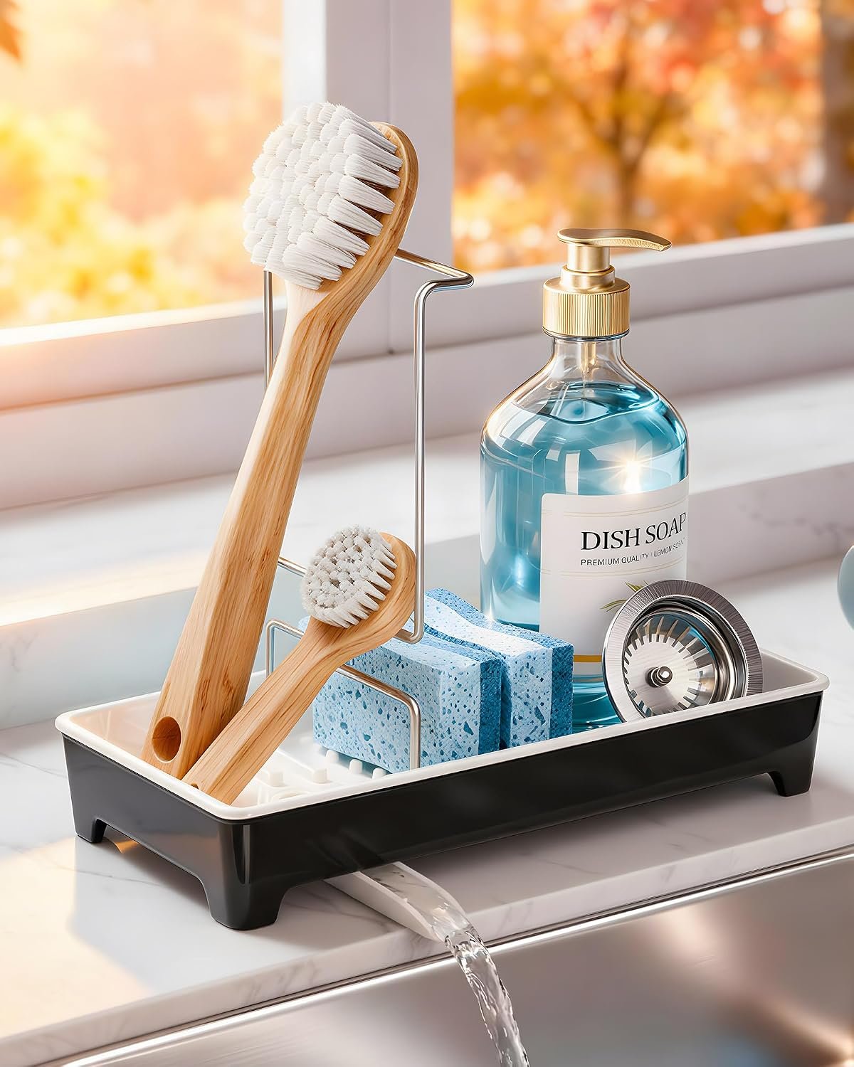 Minimalist Sink Caddy, Rustproof Sponge Holder for Kitchen Sink Black | Large Rustproof countertop organizer with 304 stainless steel brush holder, raised ridges and silicone drain tube