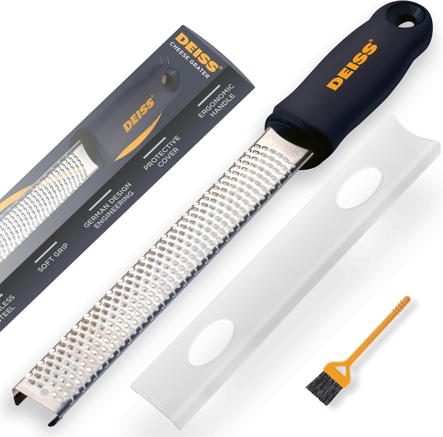 Deiss PRO Citrus Zester & Cheese Grater – Parmesan Cheese Lemon, Ginger, Garlic, Nutmeg, Chocolate, Vegetables, Fruits – Razor-Sharp Stainless Steel Blade, Wide, Dishwasher Safe (BLACK)