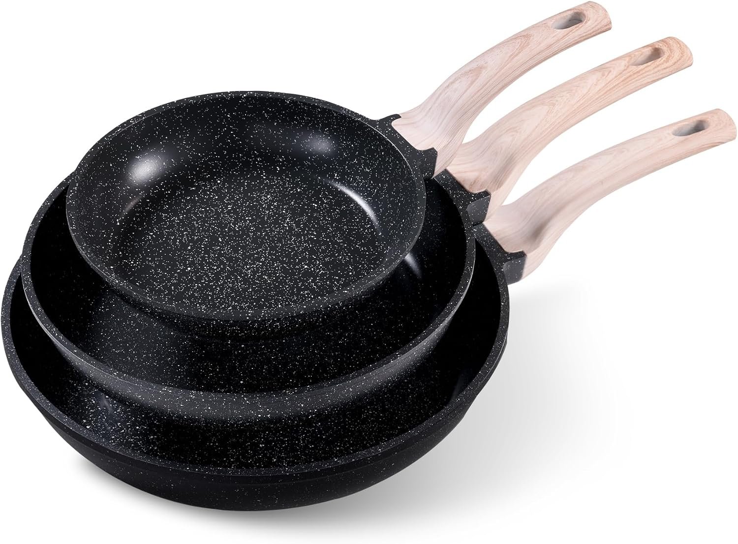 CAROTE Non Stick Frying Pan, Black 8″+10″+12″ Granite Skillet Set | Healthy Non Toxic Cookware Set with Heat-Resistant Handle, Induction Compatible, Easy to Clean, PFOA-Free