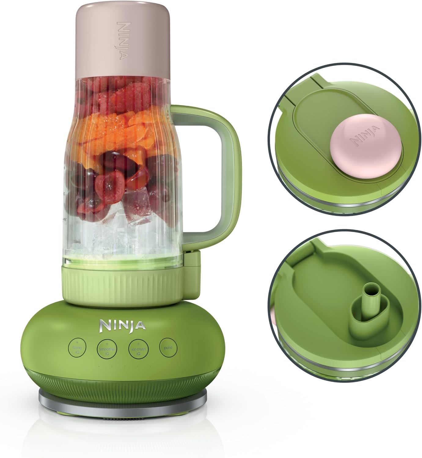 Ninja BlendBOSS Personal Blender, 26oz Tumbler, 1200PW, Watermelon, DB351GN | 1200-peak-watt BlendBOSS crushes ice to snow. 26-oz leakproof tumbler, chug spout & detachable straw. Dishwasher safe.