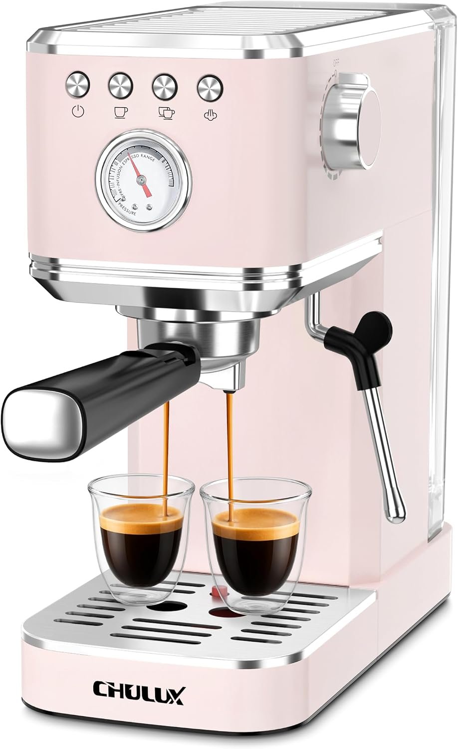 CHULUX Slim Espresso Machine with Milk Frother for Home Cappuccino, Pink | Precise Pressure Gauge, Food-Grade Materials, 20 Bar Italian Pump, Professional Temperature Control System, Stainless Steel