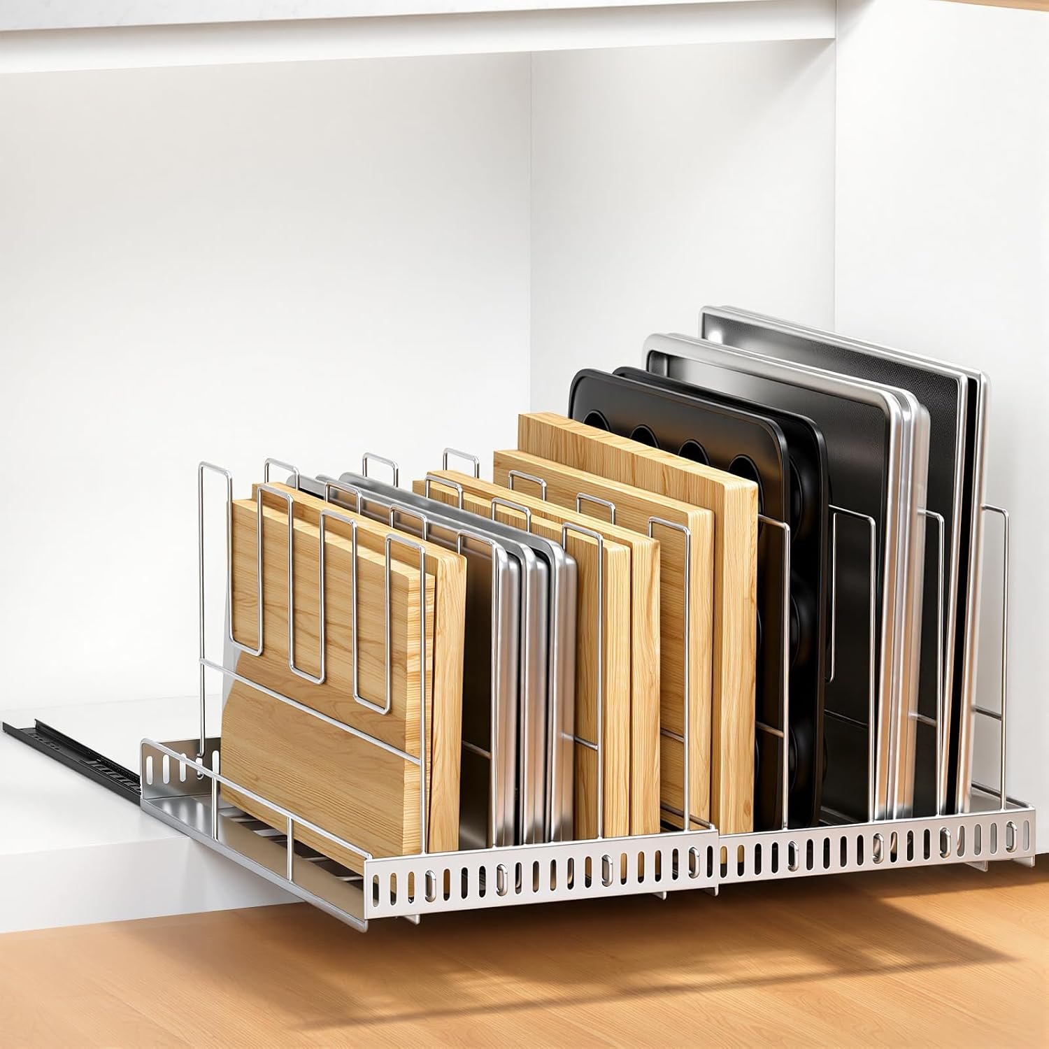 Housolution Pull Out Baking Tray and Cookie Sheet Cutting Board Organizer | 13″-22″ Expandable, 21.5″ Deep, 8 Adjustable Dividers, Slide Rail Design, Stainless Steel Structure, Adhesive/Screw Fixing