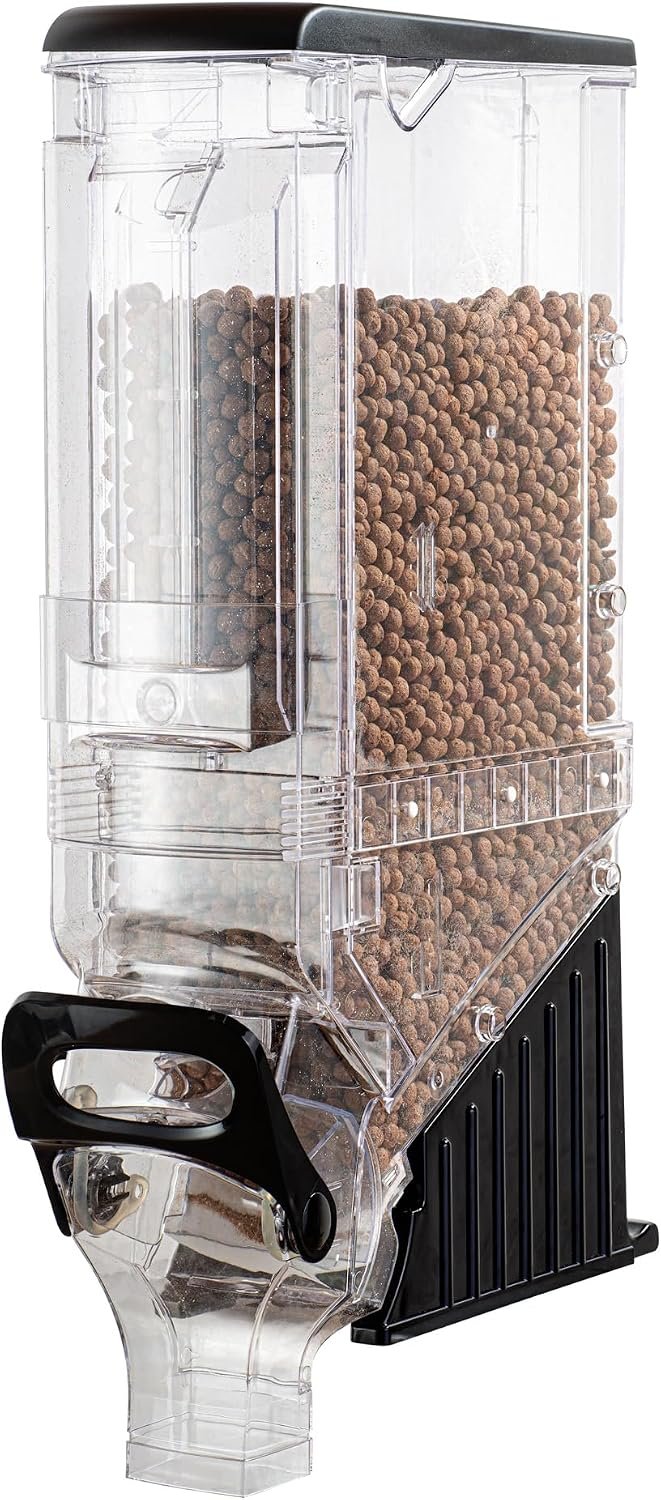 Restaurantware Cereal Dispenser 5 gal Plastic Gravity Bin Candy Dispenser Self-Serve Black Dry Food with Stand for Breakfast Buffet or Hotel Use