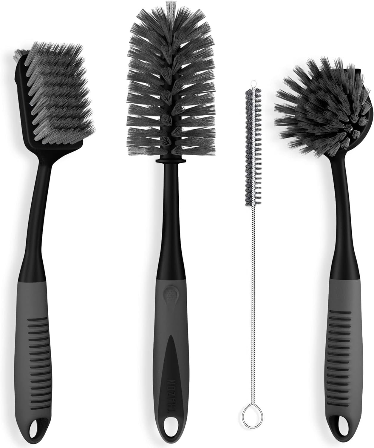 Dish Brush Set of 4 – Kitchen Scrub Brushes with Non-Slip Long Handle for Cleaning, Scrubber, Dishwashing, Dishes, Bottles, Straws, Cups, Pots & Sink, Black