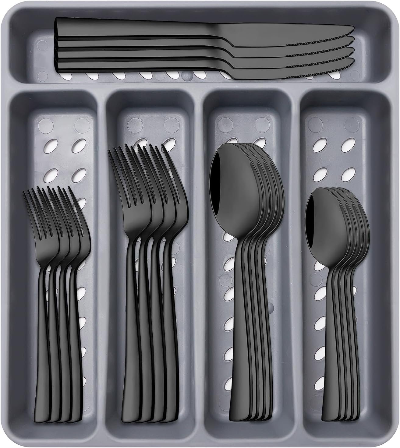 21 Pcs Black Silverware Sets with Organizer Spoon Fork Set Eating Utensils | 18/0 Stainless Steel Kitchen Cutlery Silverware Set Matte Black Dish Flatware Sets for 4 Tableware Forks Spoon and Knives Set