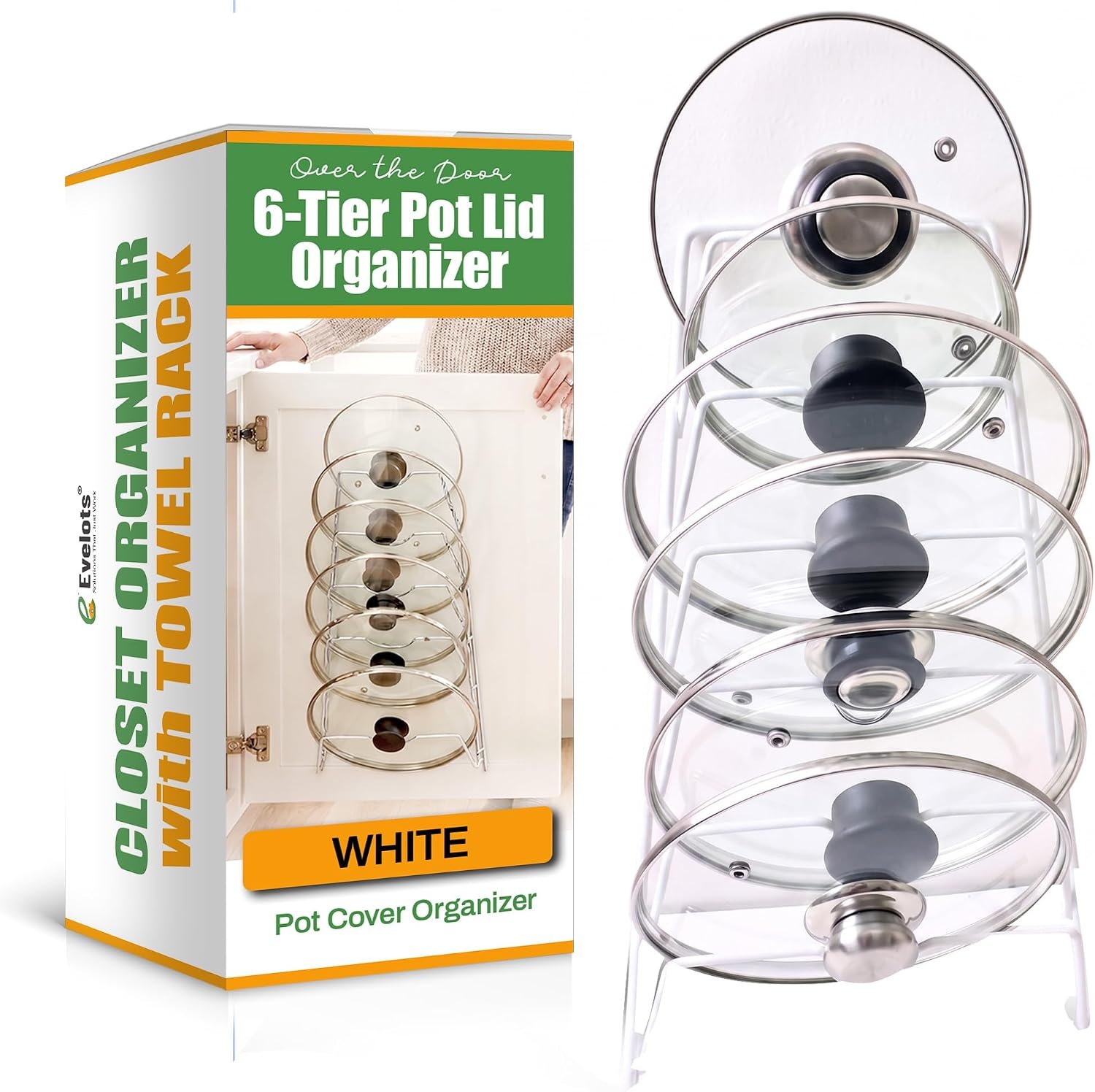 Evelots 6-Slot Pot Lid Organizer, Cabinet Door or Wall Rack, White, 1-Pack | Six slots organize glass and metal pot or pan lids; mount on a cabinet door or pantry wall to maximize kitchen storage.