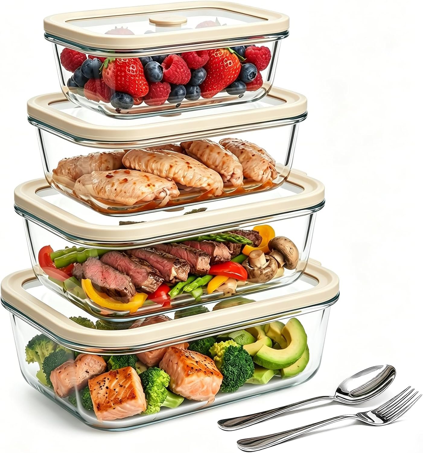 Multi-Size Glass Food Storage Containers with Glass Lids, 4 Pack | Airtight Glass Meal Prep Containers, Plastic Free, Borosilicate Glass Lunch Containers for Leftovers, Microwave, Freezer
