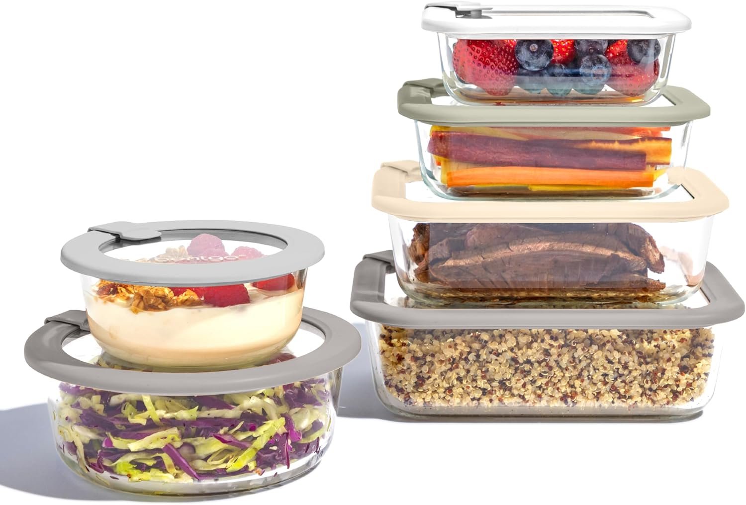 Bentgo Signature Glass Food Storage Containers with Lids, 12 Piece Set | Leak-Proof, Airtight, Borosilicate Glass, PFAS & BPA-Free, Microwave, Oven, Freezer & Dishwasher-Safe (White Stone)