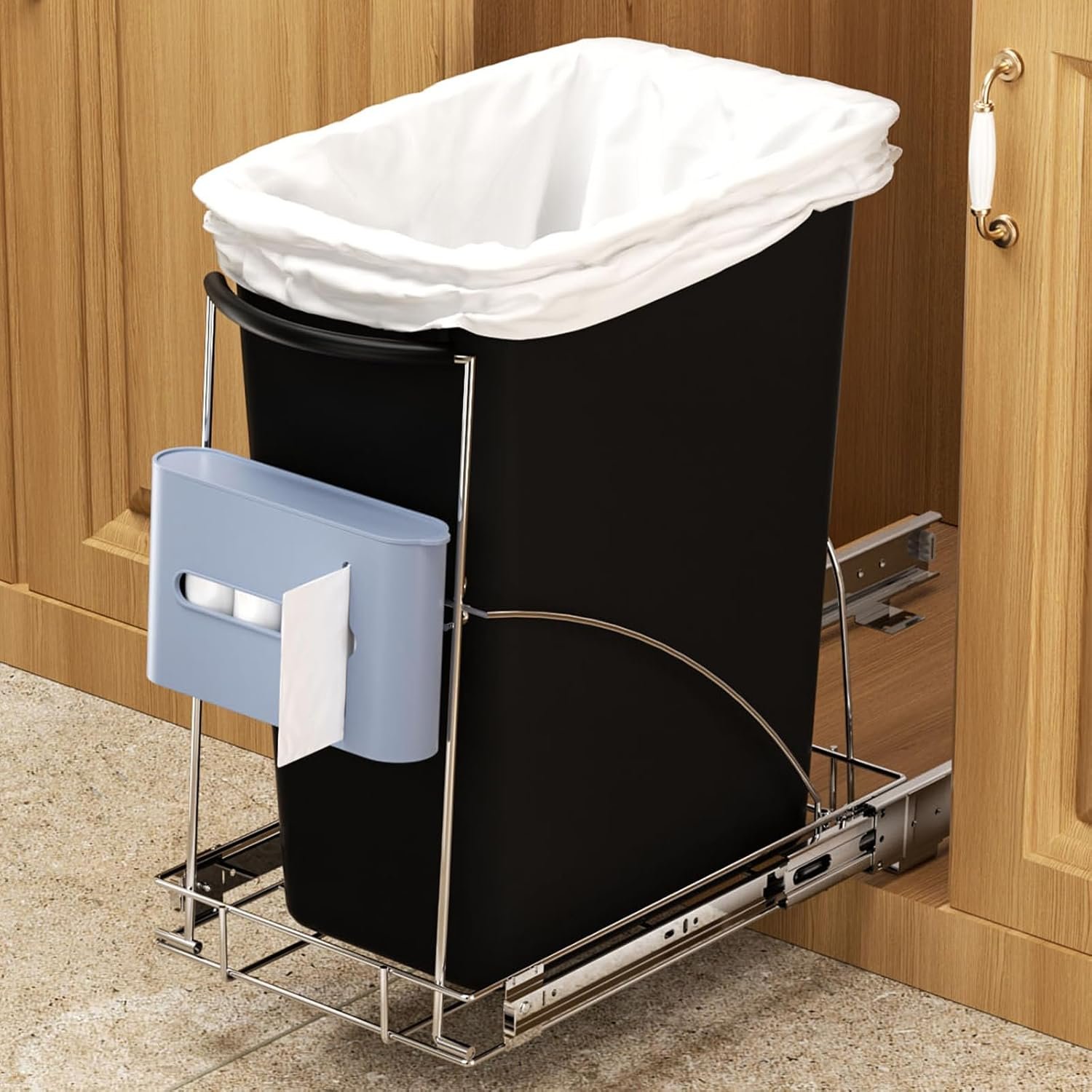 Pull Out Trash Cans w/ Bag Holder for Under Kitchen Cabinets, for 30-40Qt | Under Sink Pull Out Trash Slider, Cabinet Trash Can Pull Out Kit, Requires 13″ W x 18″ D Opening, Chrome, Can Not Included