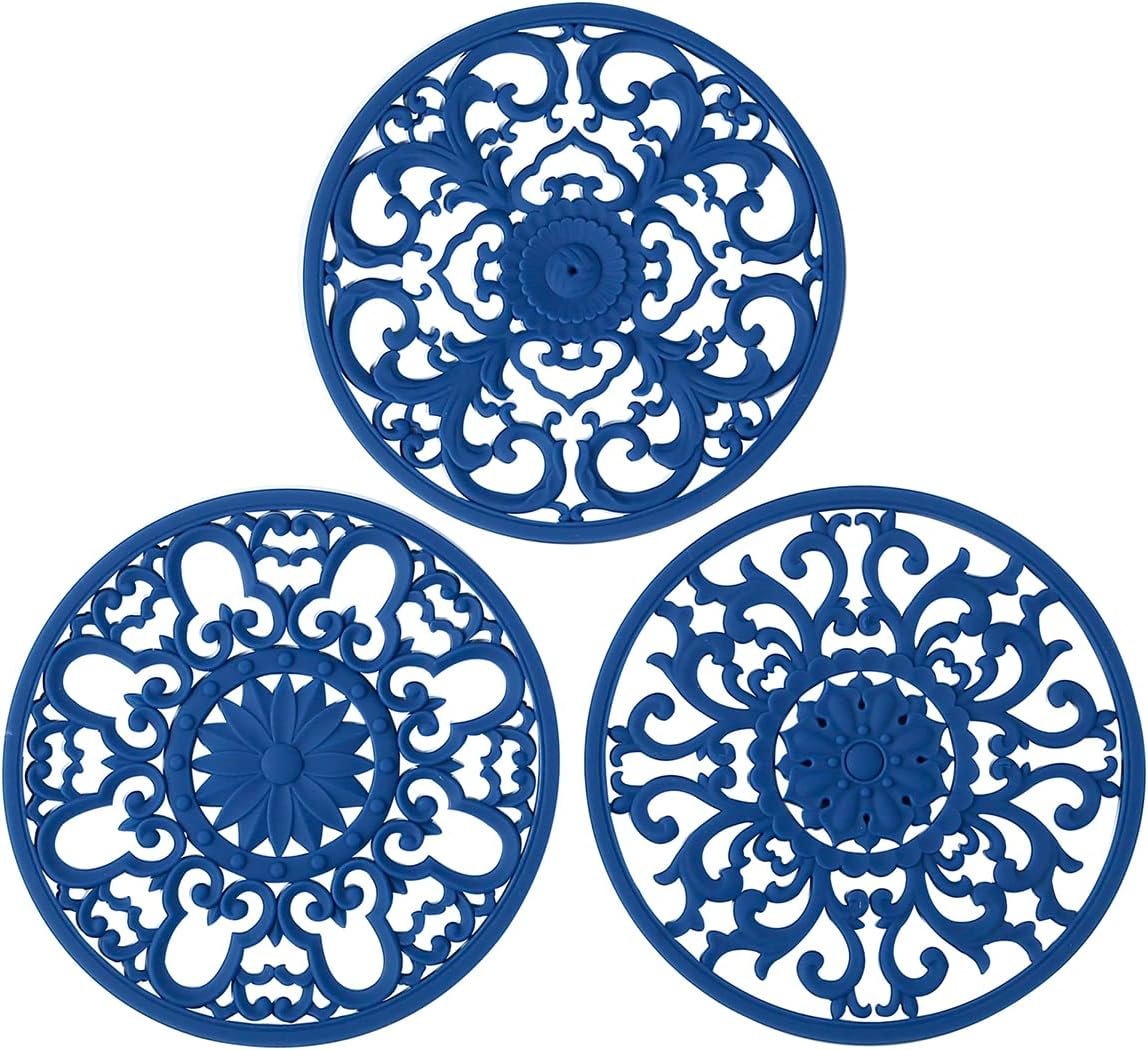Extra Thick Silicone Trivet Mat for Hot Dishes, Hot Pots and Pans, Pot Holder, Hot Pad to Protect Your Table and Countertop, Kitchen Decor and Accessories,Navy Blue, Set of 3