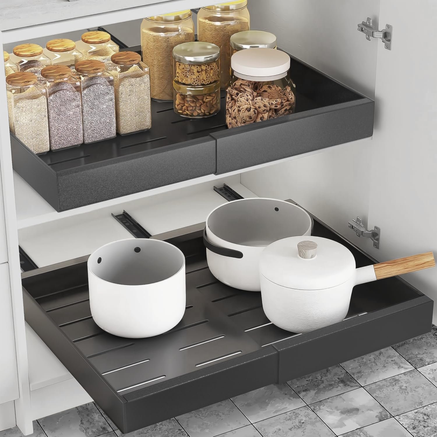 Expandable Pull Out Drawers for Cabinets(Gray) : Kitchen and Pantry Organizer, Sliding Cabinet Organizer with Adhesive, Under Sink and Pots Storage, Depth 16.5″. expandable pull out cabinet organizer