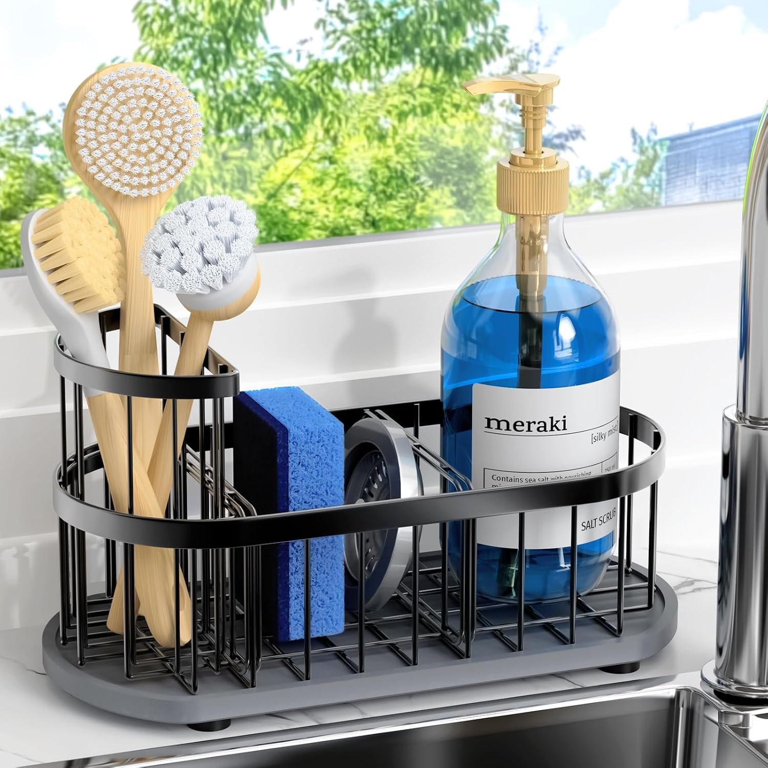 Sink Caddy Kitchen Sink Organizer, Sponge & Brush Holder, Stone Drying Mat | Space-Saving Sink Sponge Holder with Full-Size Tool Storage, Fits Most Sinks, Kitchen Sink Accessory and Countertop Organizer