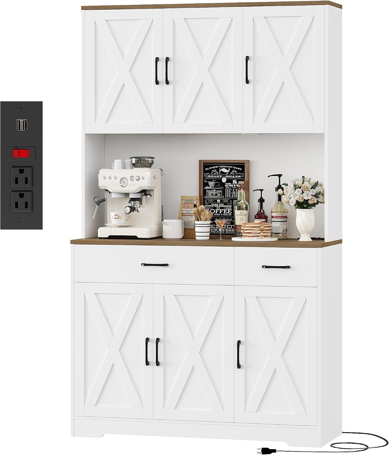 HOSTACK 71″H Kitchen Pantry Storage Cabinet, Farmhouse Hutch Cabinet, White