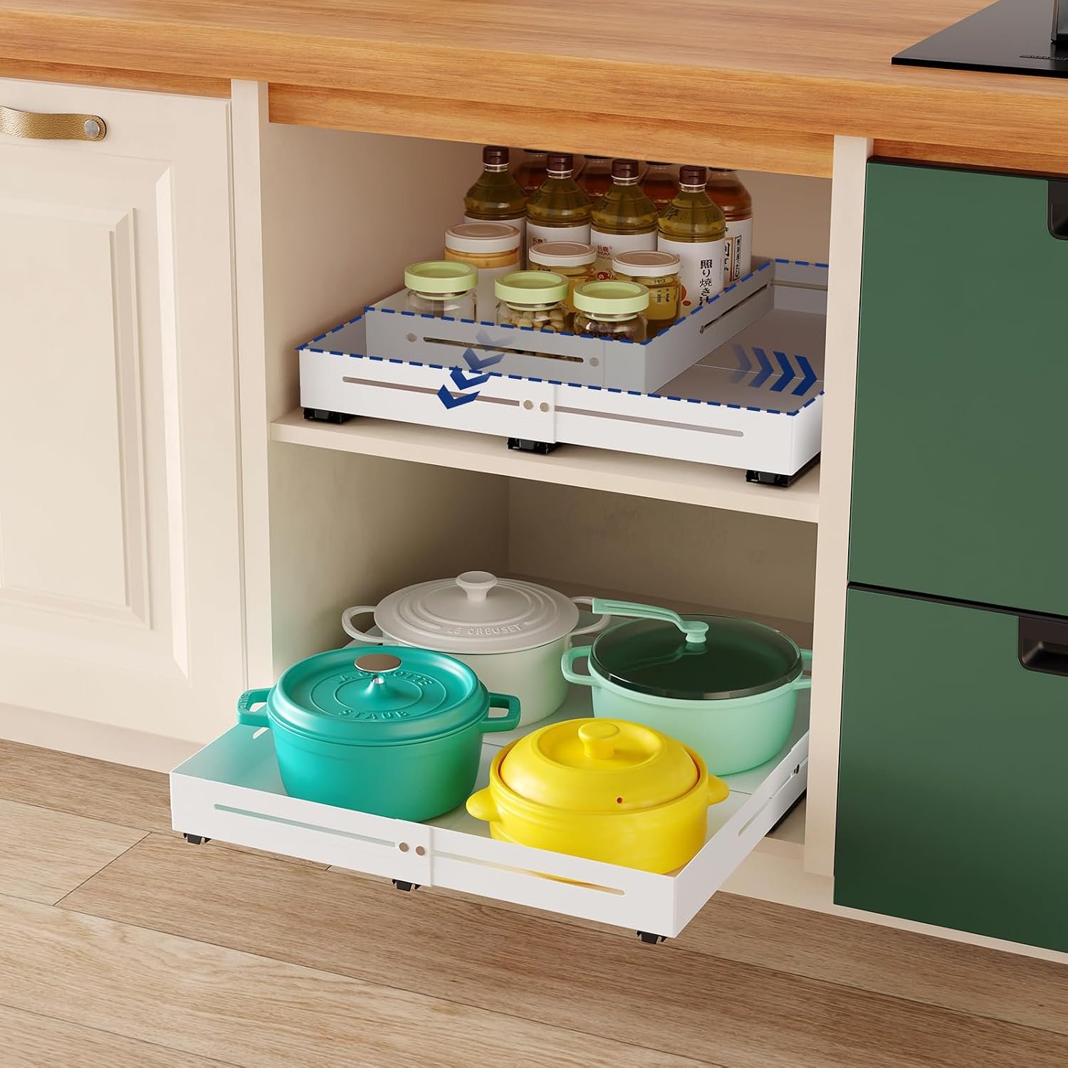 Pull out Cabinet Organizer, Full Metal Expandable Width (12.6″-20.8″) & Depth (16″-24.4″) Adjustable Slide out Drawers, No Drill Adhesive Roll out Shelves for Kitchen Pantry, White