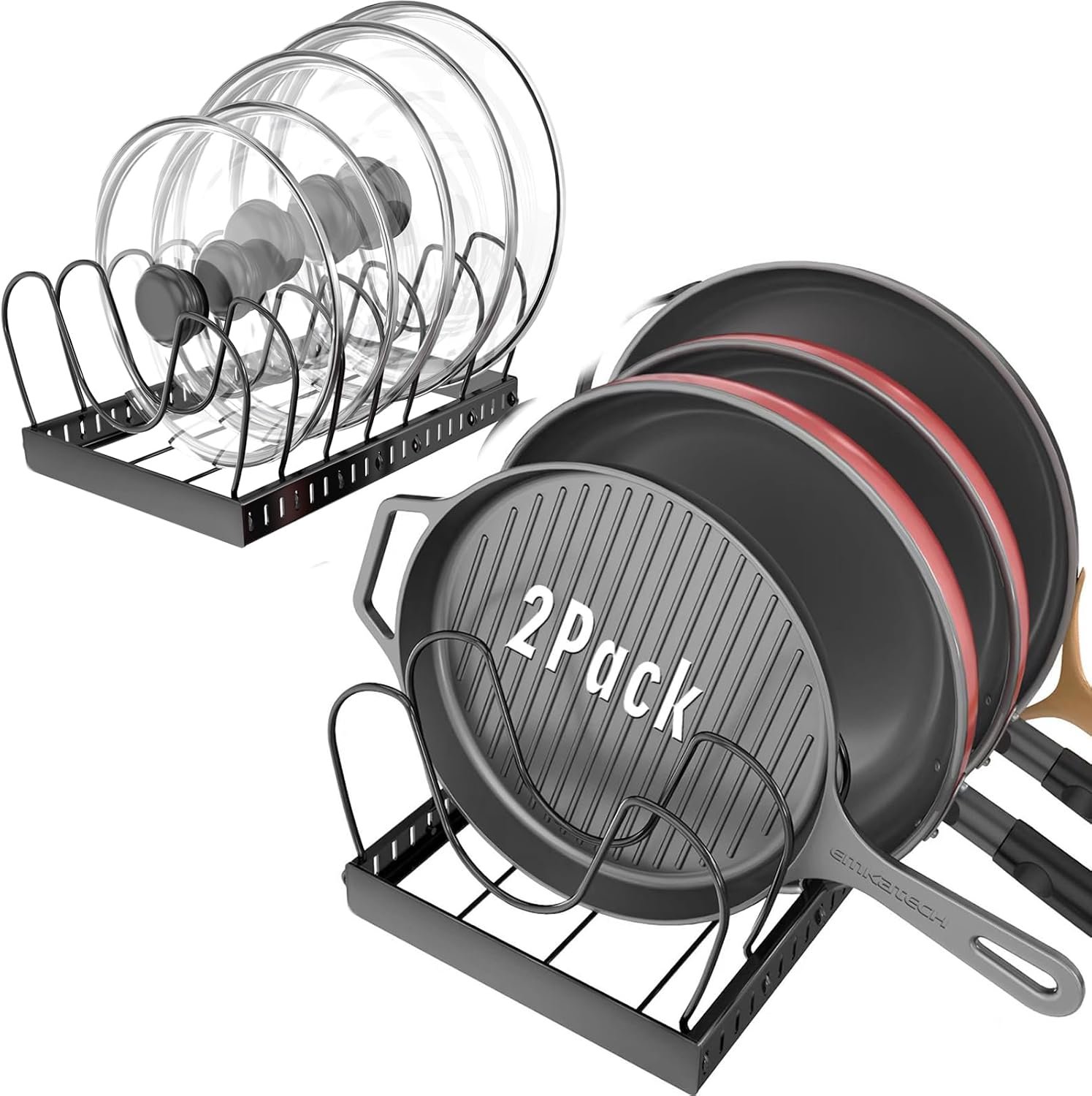 2PACK Pot Lid Organizers Inside Cabinet for Kitchen, Pots and Pans Organizer Under Cabinet with 16 Adjustable Dividers, Countertop Lid Holder, Rust-Resistant, Tool-Free Installation, Easy to Clean