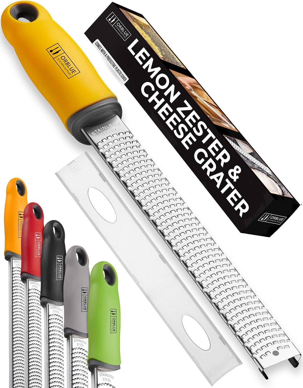 Orblue Lemon Zester & Cheese Grater – Premium Citrus Zester, Kitchen Grater for Parmesan, Chocolate, Fruits, Vegetables, Ginger, Garlic, Nutmeg – Stainless Steel Blades with Protective Cover, Yellow