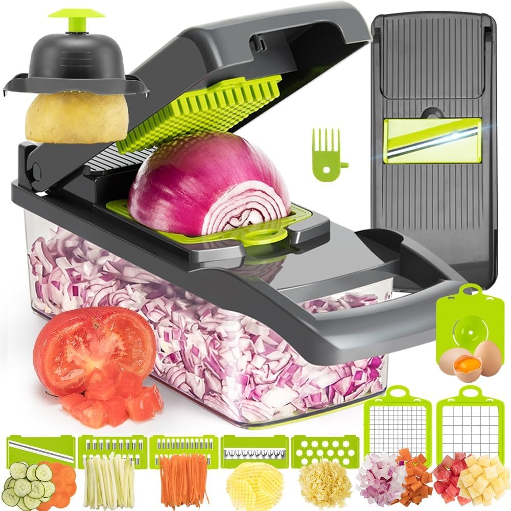 KEOUKE Vegetable Chopper Mandoline Slicer Grey – 12 in 1 Interchangeable Blades Food Chopper with Container, Hand Guard & Drainer, Veggie Dicer Kitchen Gadget for Onion, Cucumber, Tomato, Fruit