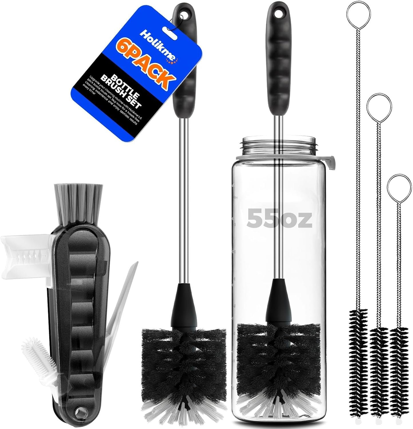 Holikme 6 Pack Bottle Brush 14″ Stainless Steel Straw Cleaner Brush,Black | Bottle Cleaner Brush, 3 Straw, Bottle Cleaning Brush for Water Bottle, Baby Bottle Brush, Antistatic Brushes